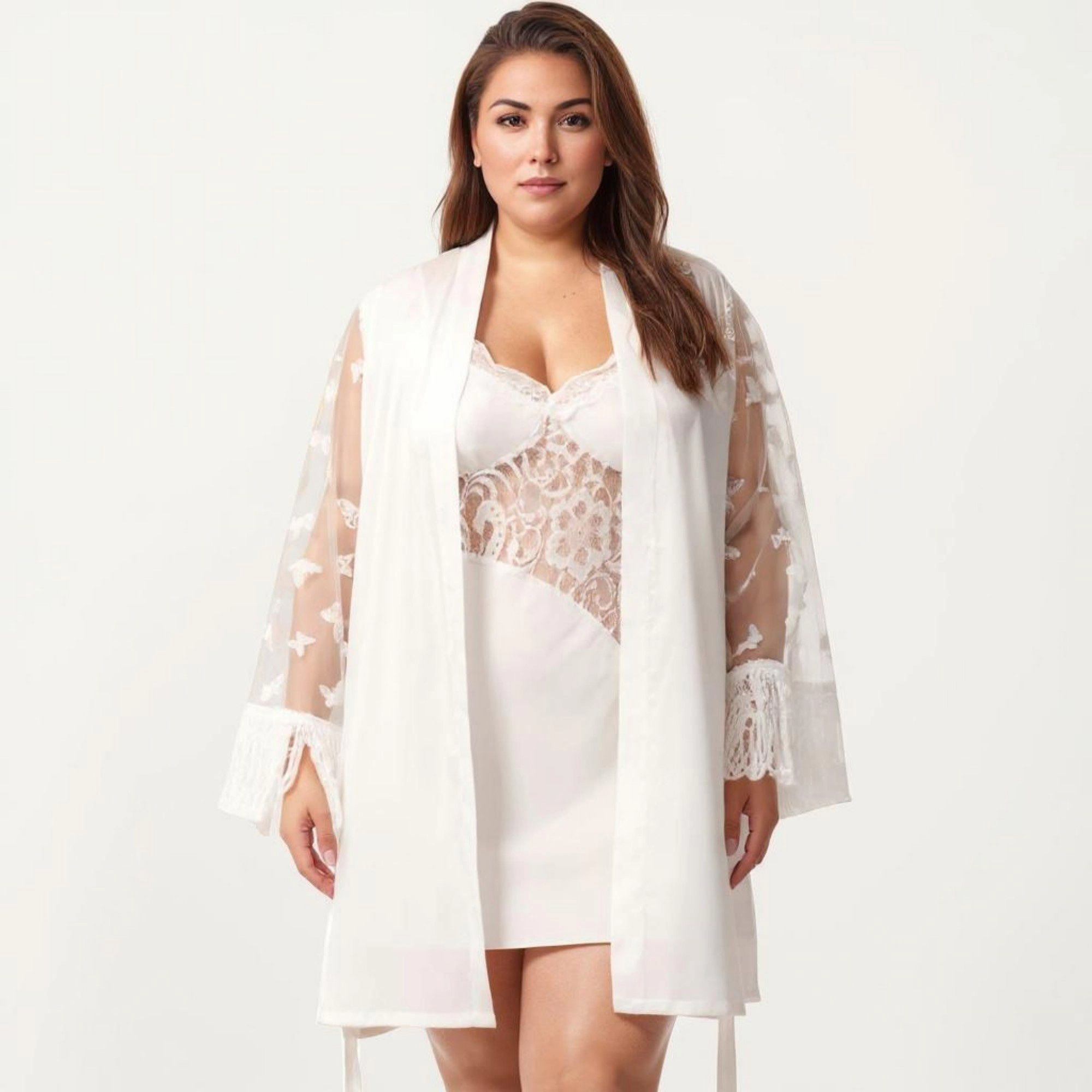 Anna-Kaci Women's Plus Sheer Mesh Lace Trim Robe Lightweight Long Sleeve Sleepwear