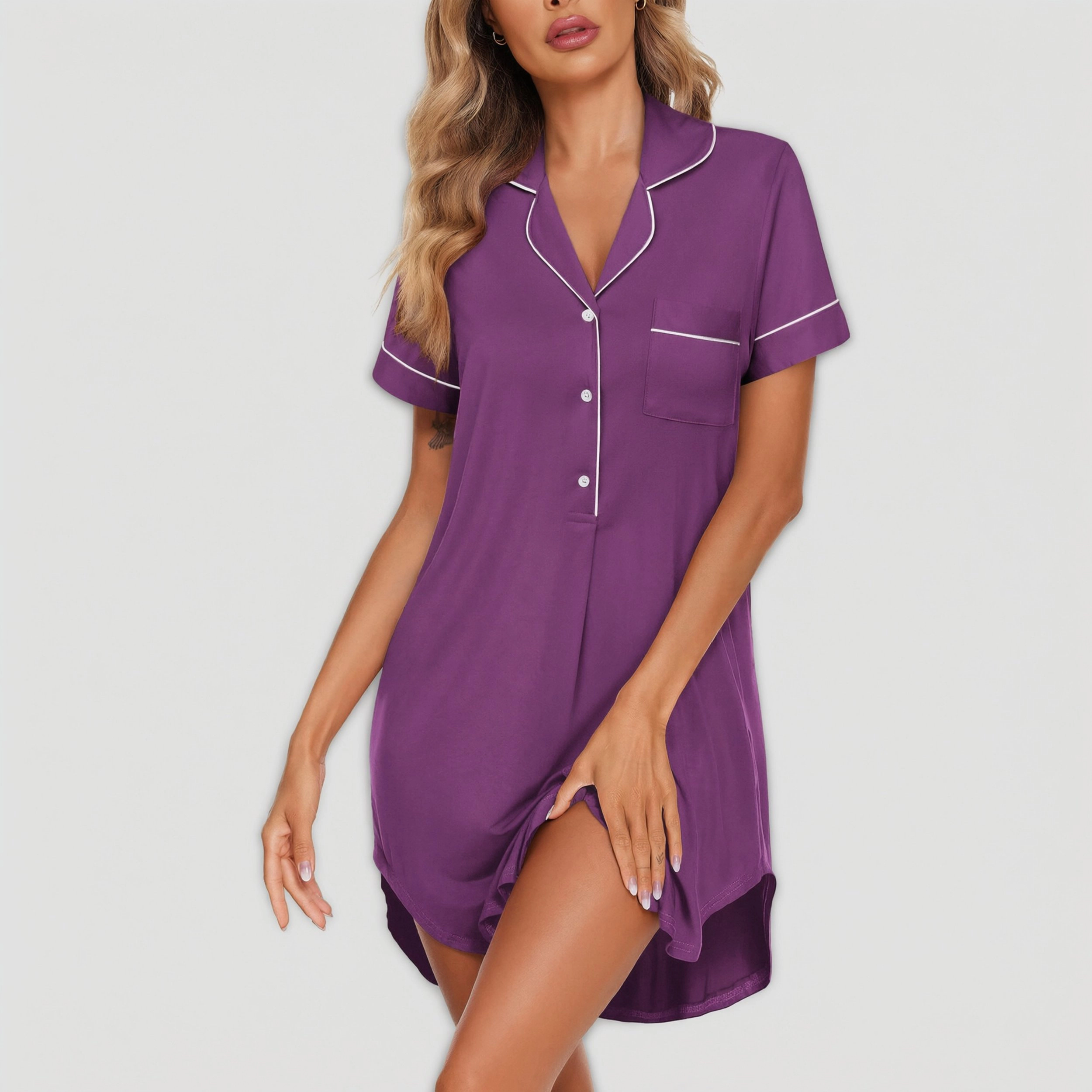Ekouaer Women's Nightgown Button Down Nightshirt V Neck Sleepshirt Short Sleeve Sleepwear Soft
