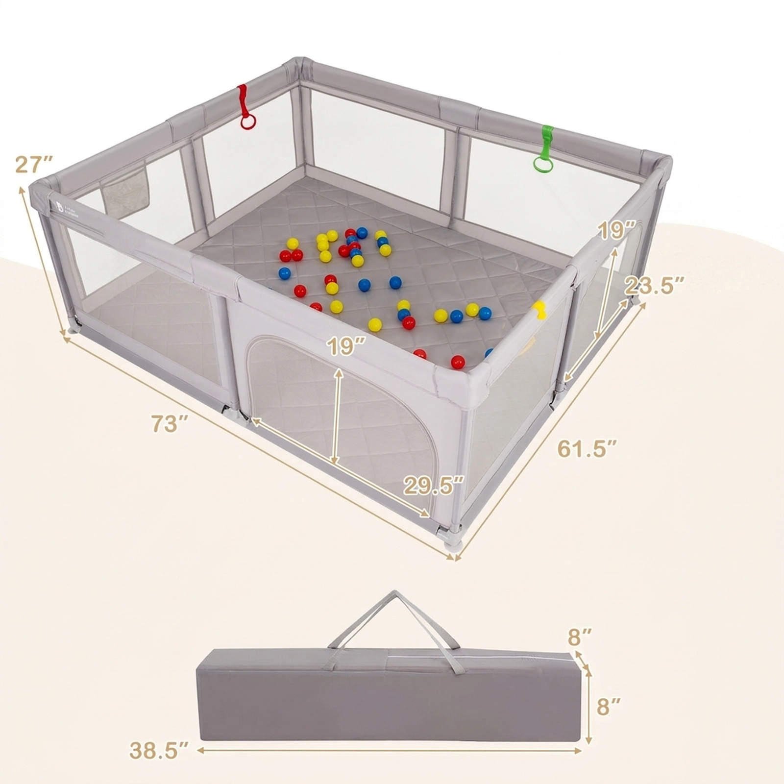 SUGIFT 73-in Large Baby Playpen with Waterproof Play Mat 50 Ocean Balls 4 Pull Rings and Mesh Storage Bag