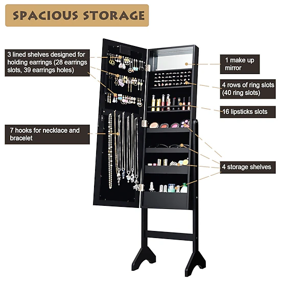 SUGIFT Free Standing Mirrored Jewelry Cabinet Armoire Organizer with LED Lights 57-in Tall Black
