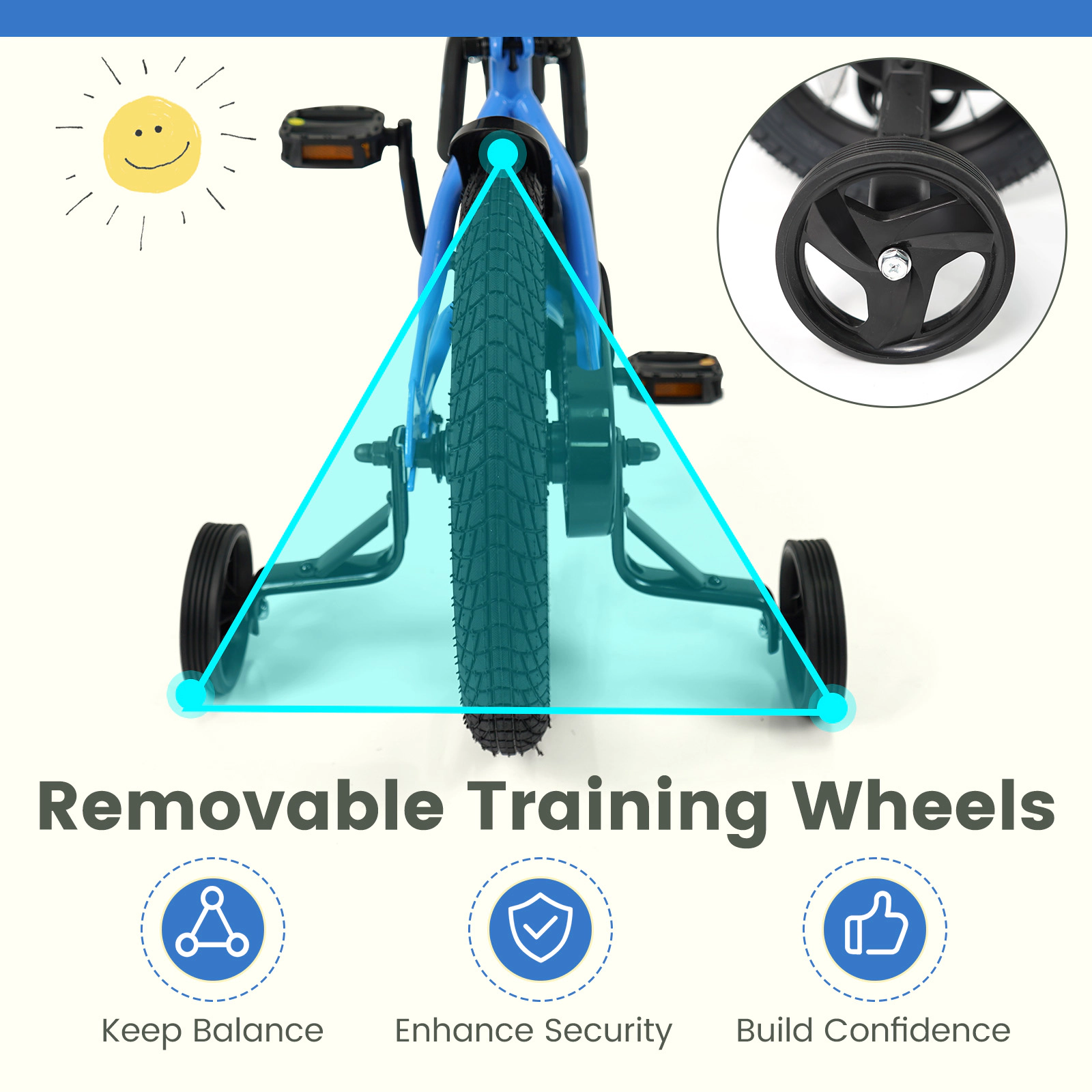 SUGIFT 14-in Kids Bicycle Removable Training Wheels & Adjustable Seat 145-lb Capacity Ages 3-5 Years Beige Black Blue