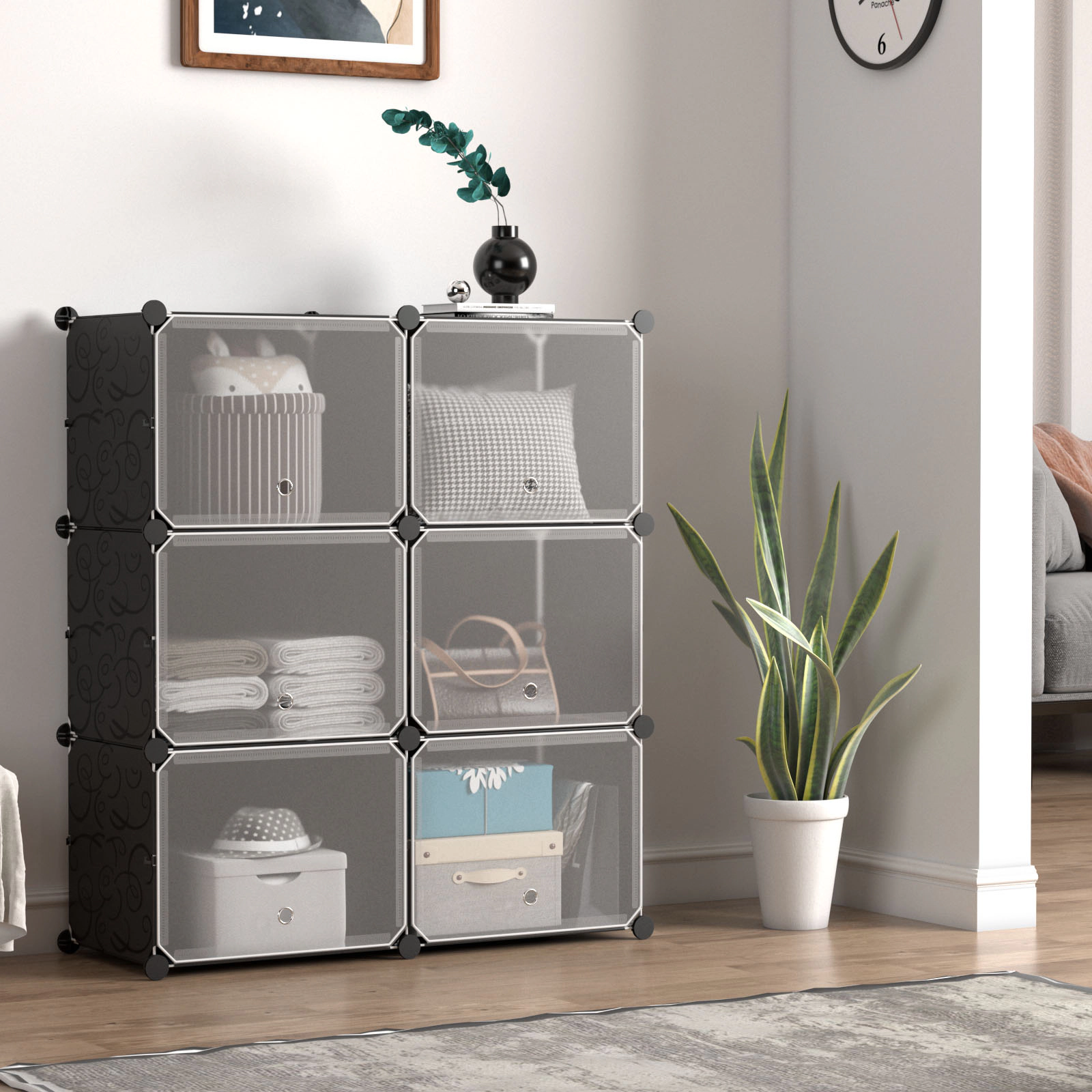 SUGIFT 12-Cube Black Portable Shoe Rack with Dust Proof Doors and 5 Hooks 49-in W 12.5-in D 49-in H