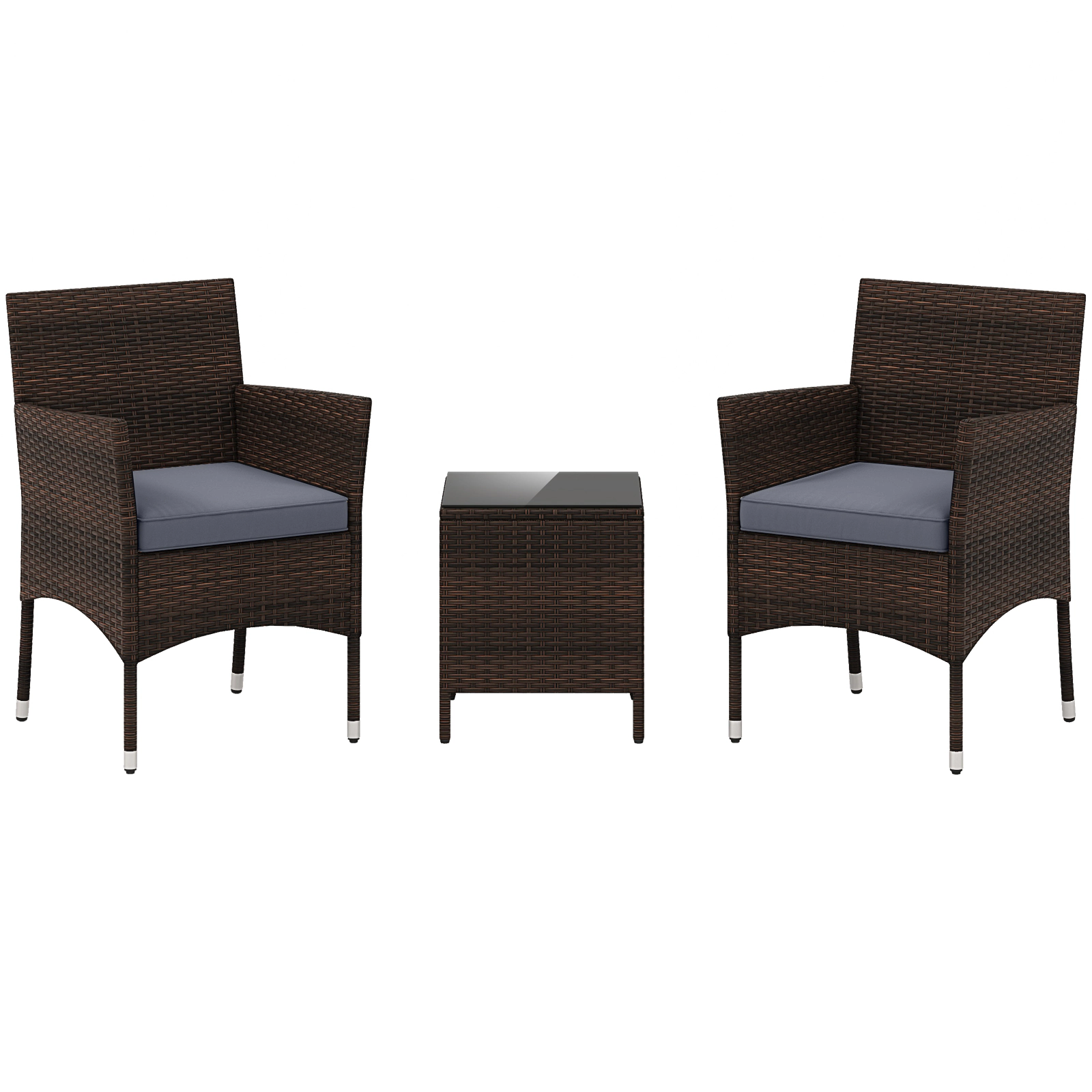 SUGIFT Conversation Set with Cushioned Seats and Glass Tabletop 400-lb Chair Capacity Mix Brown Rattan Gray Cushions