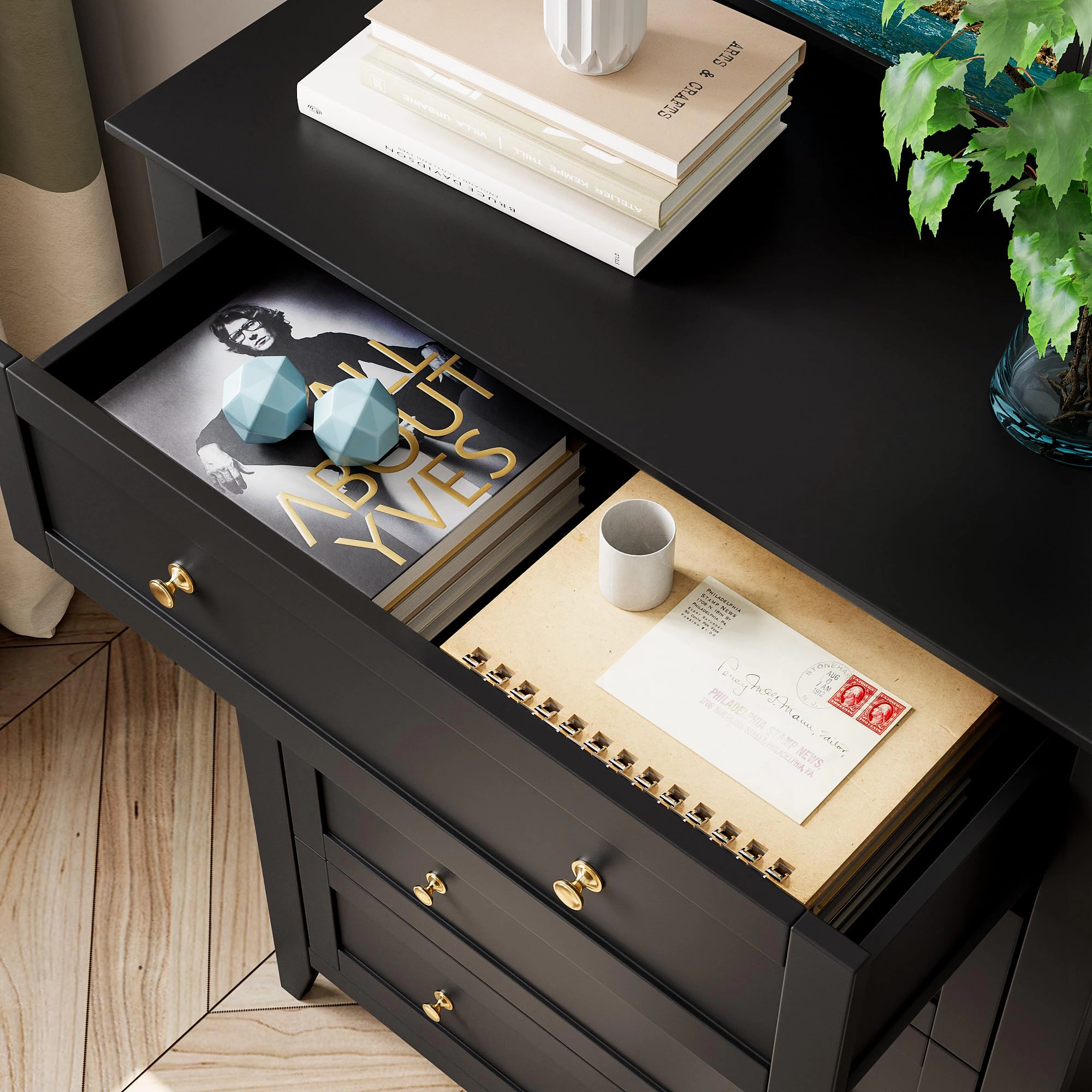 5 Drawer Tall Modern Dresser with Metal Knobs, Wooden Storage Chest for Bedroom Entryway Hallway