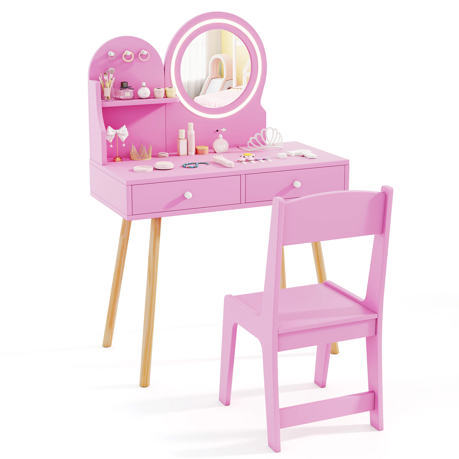 SUGIFT Kids Princess Makeup Dressing Desk & Chair Set Lighted Mirror 110-lb Tabletop 165-lb Chair Ages 3+ Pink/White