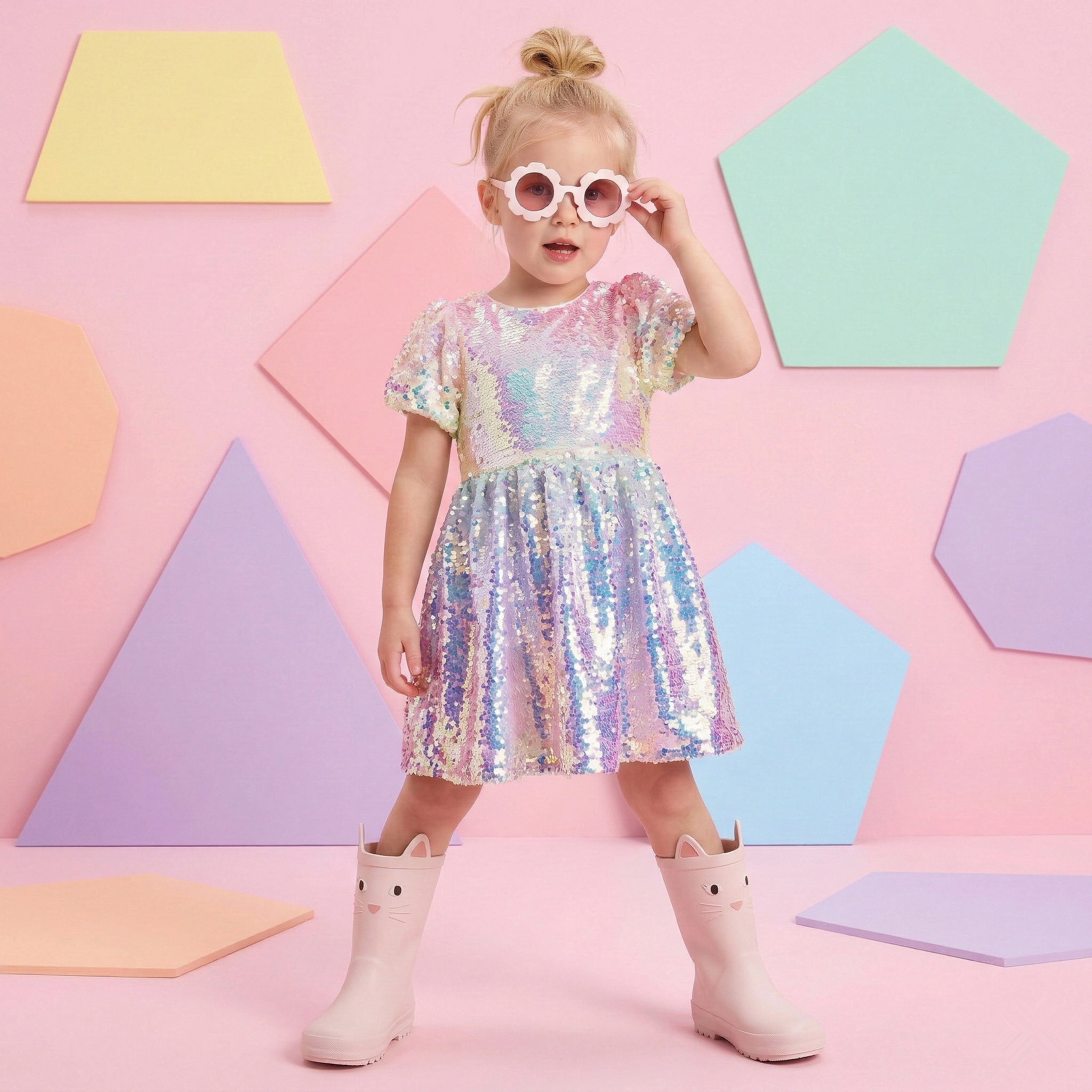 2Bunnies Girls Ombre Sequin Puff Sleeve Fit and Flare Party Dress