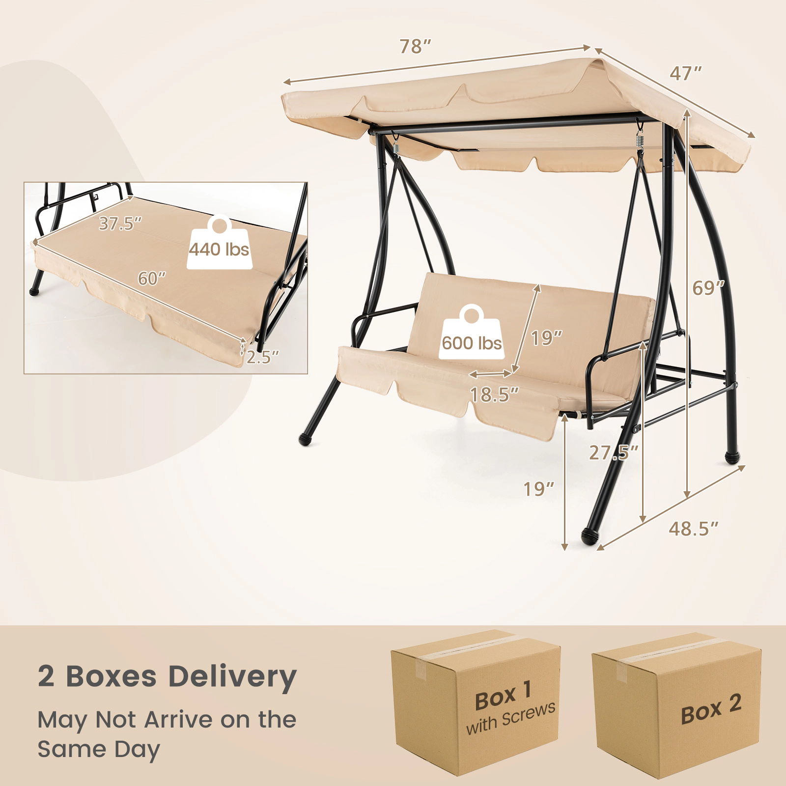 SUGIFT Convertible 2-Seat Outdoor Swing Chair with Flat Bed and Adjustable Canopy Beige