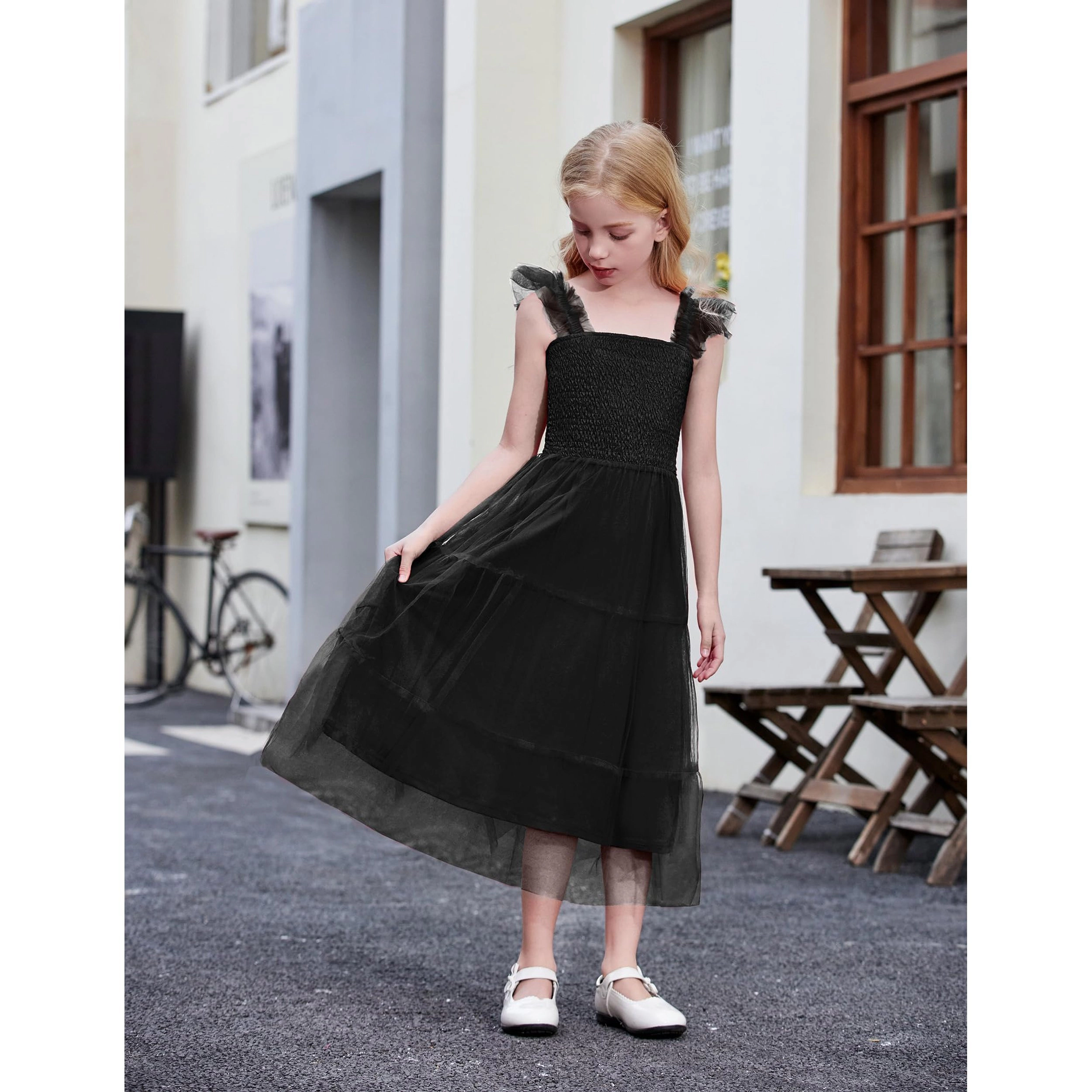 Arshiner Tween Girls Ruffle Strap Smocked Tiered Tulle Long A-Line Summer Party Sundress