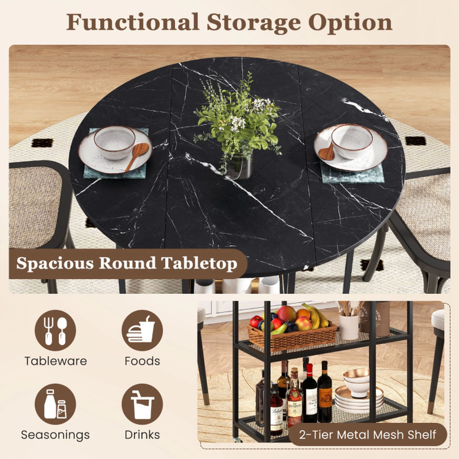 SUGIFT Folding Round Dining Table with Drop Leaves and Lockable Wheels 200-Lb Tabletop Capacity Black+White
