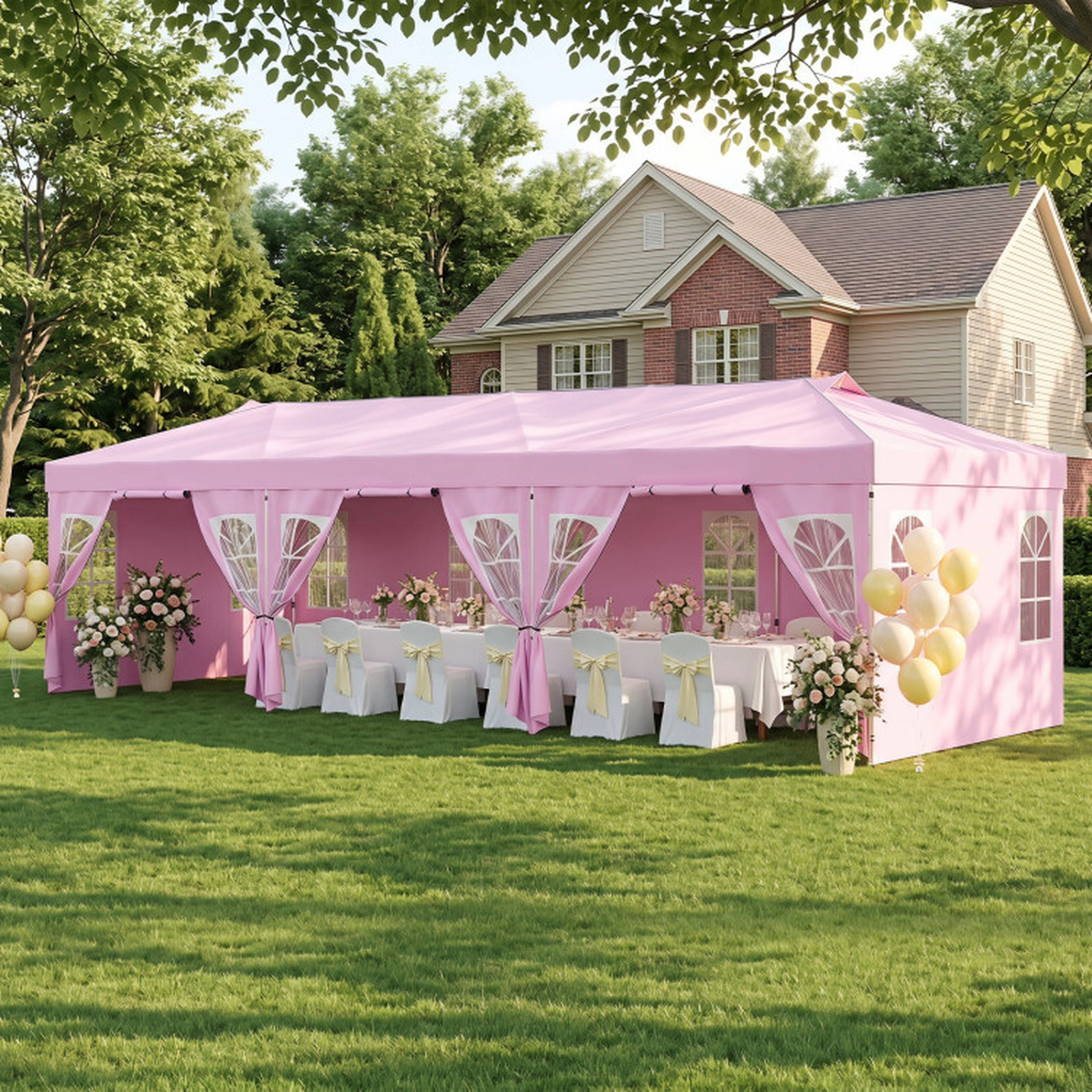 SUGIFT Pink Adjustable Pop Up Party Canopy Tent with 8 Sidewalls and 17 Ground Stakes 30-ft W 10-ft D 8.5-ft H