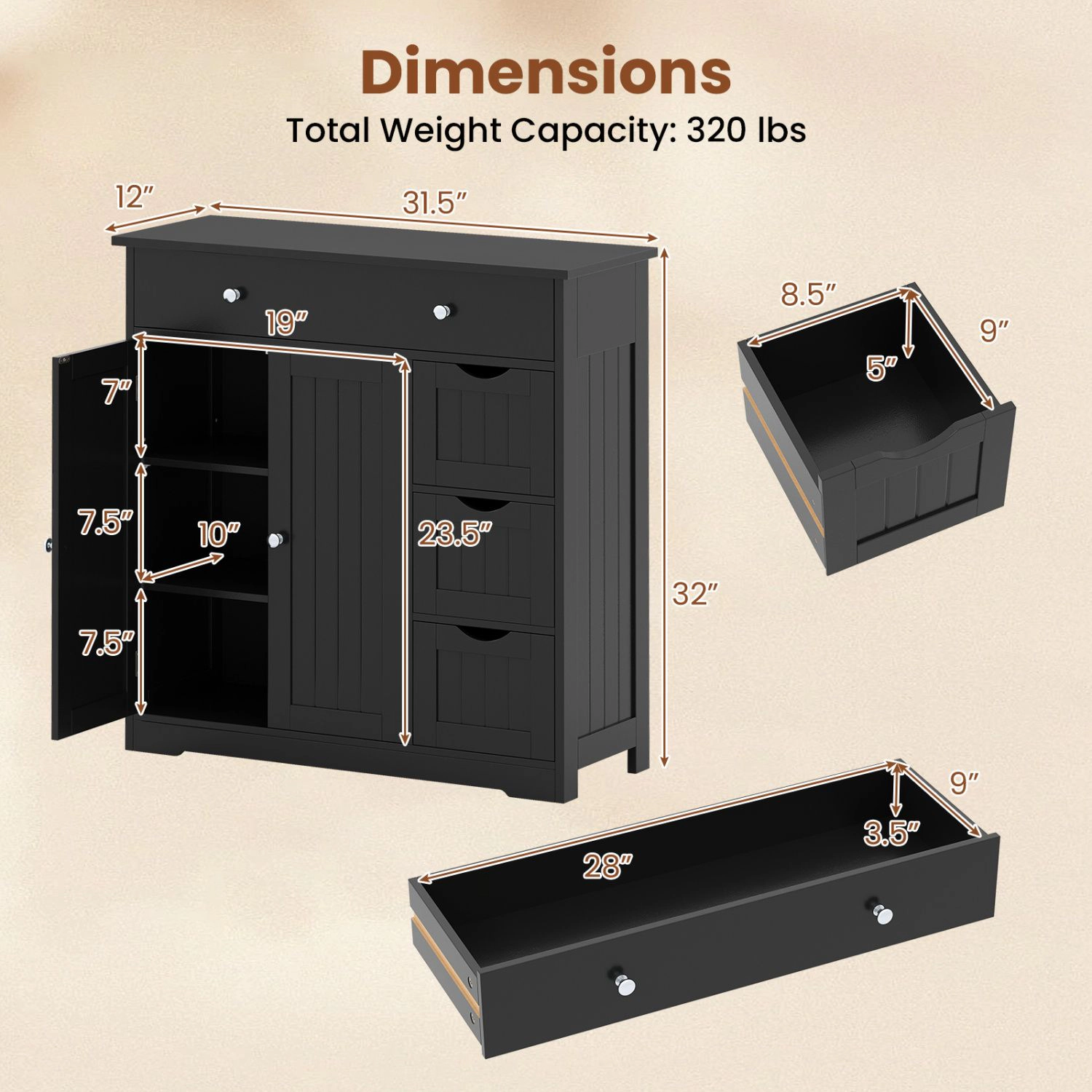 SlickBlue Bathroom Storage Cabinet with Drawers and Double Doors