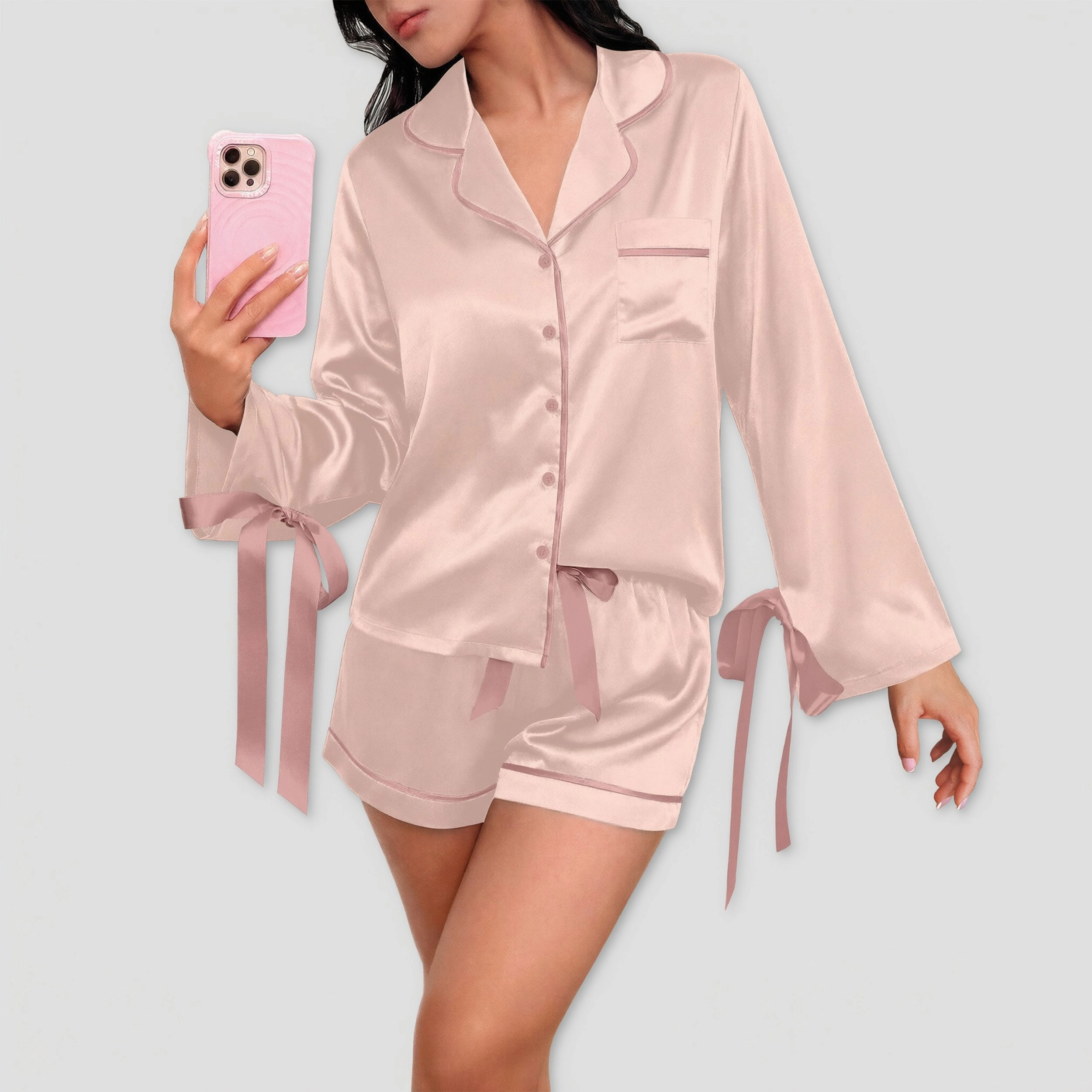 Ekouaer Silk Pajamas for Womens Classic Button Down Shirt and Shorts Satin Long Bell Sleeve Lounge