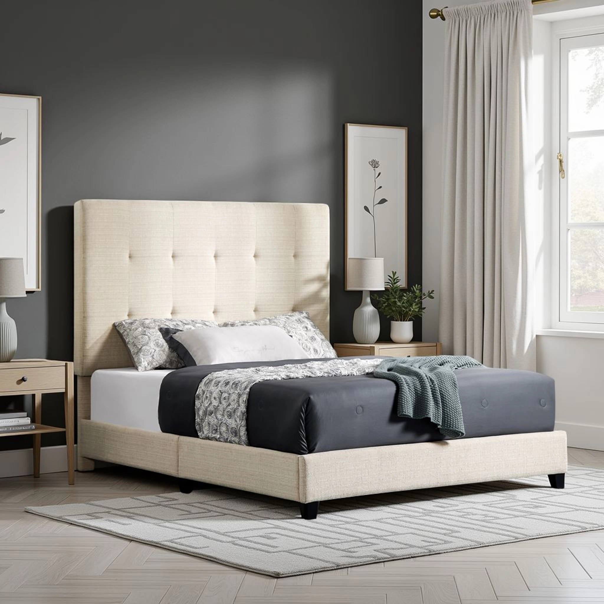 Flynama Queen Beige Tufted Upholstered Platform Bed