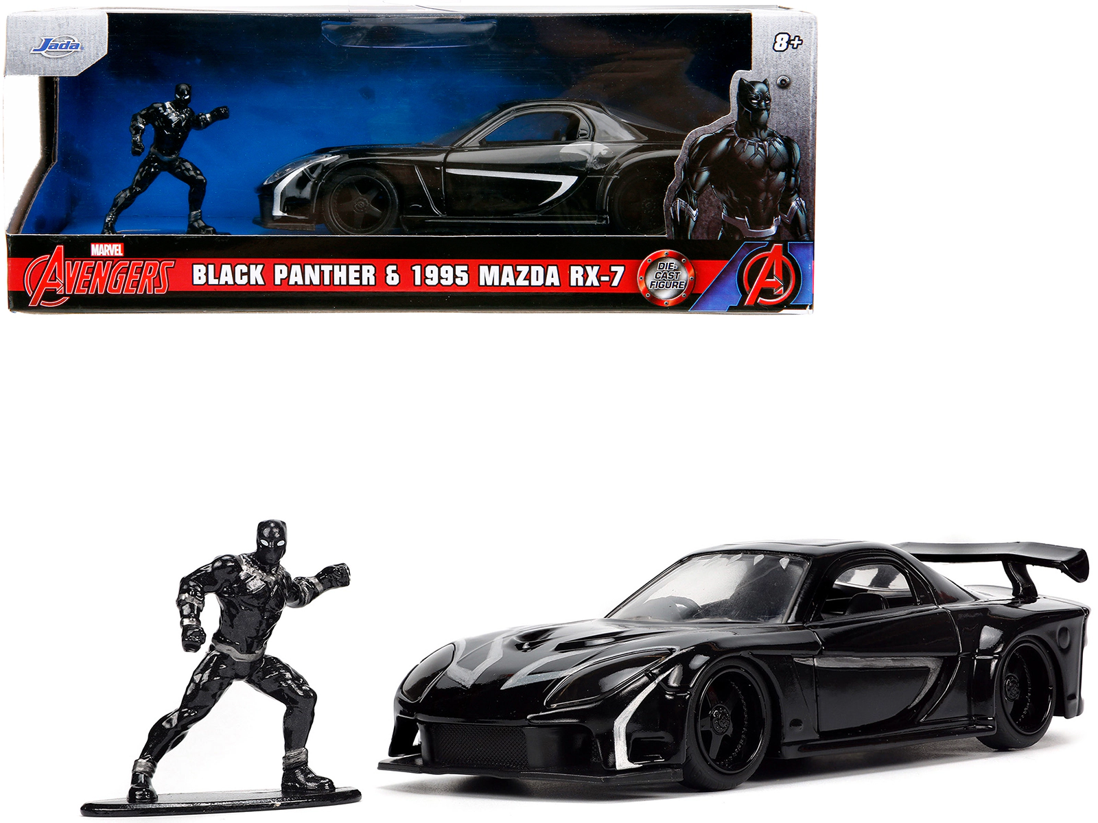 Jada 1995 Mazda RX-7 RHD (Right Hand Drive) Black and Black Panther Diecast Figure "The Avengers" "Hollywood
