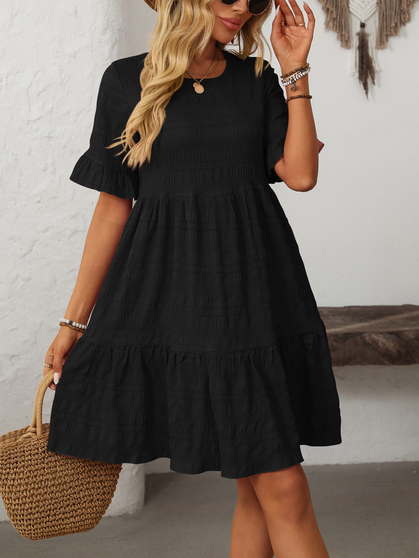 Flowy Midi Dresses for Women Ruffle Loose Fit Crewneck Sleeveless Sundress Beach Dress
