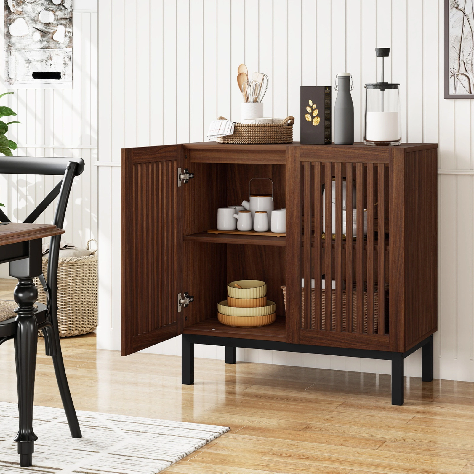 SUGIFT 2-Door Slatted Grille Adjustable Shelf Buffet Sideboard 32-in x 16-in x 32-in 155-lb Capacity Walnut