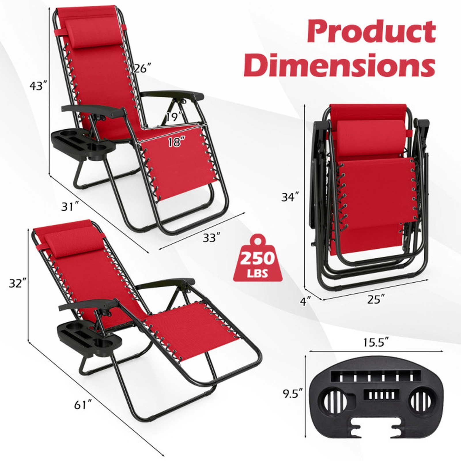 SUGIFT Set of 2 Red Steel Zero Gravity Recliners, 160° Recline, Cup Holder Tray, 250-Lb Capacity