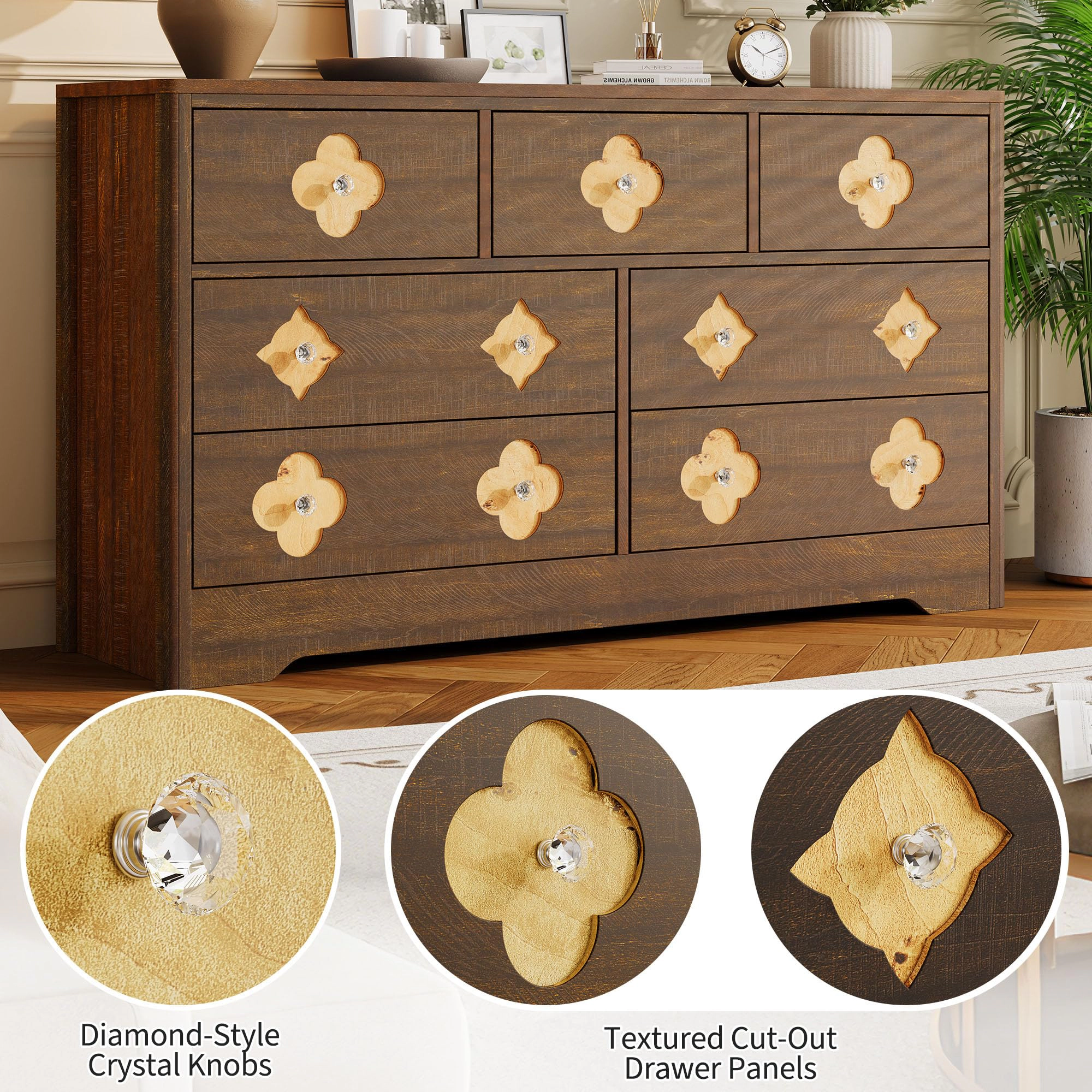 54" Wide 7 Drawer Wood Dresser with Decorative Fronts & Crystal Knobs, Storage TV Stand Organizer