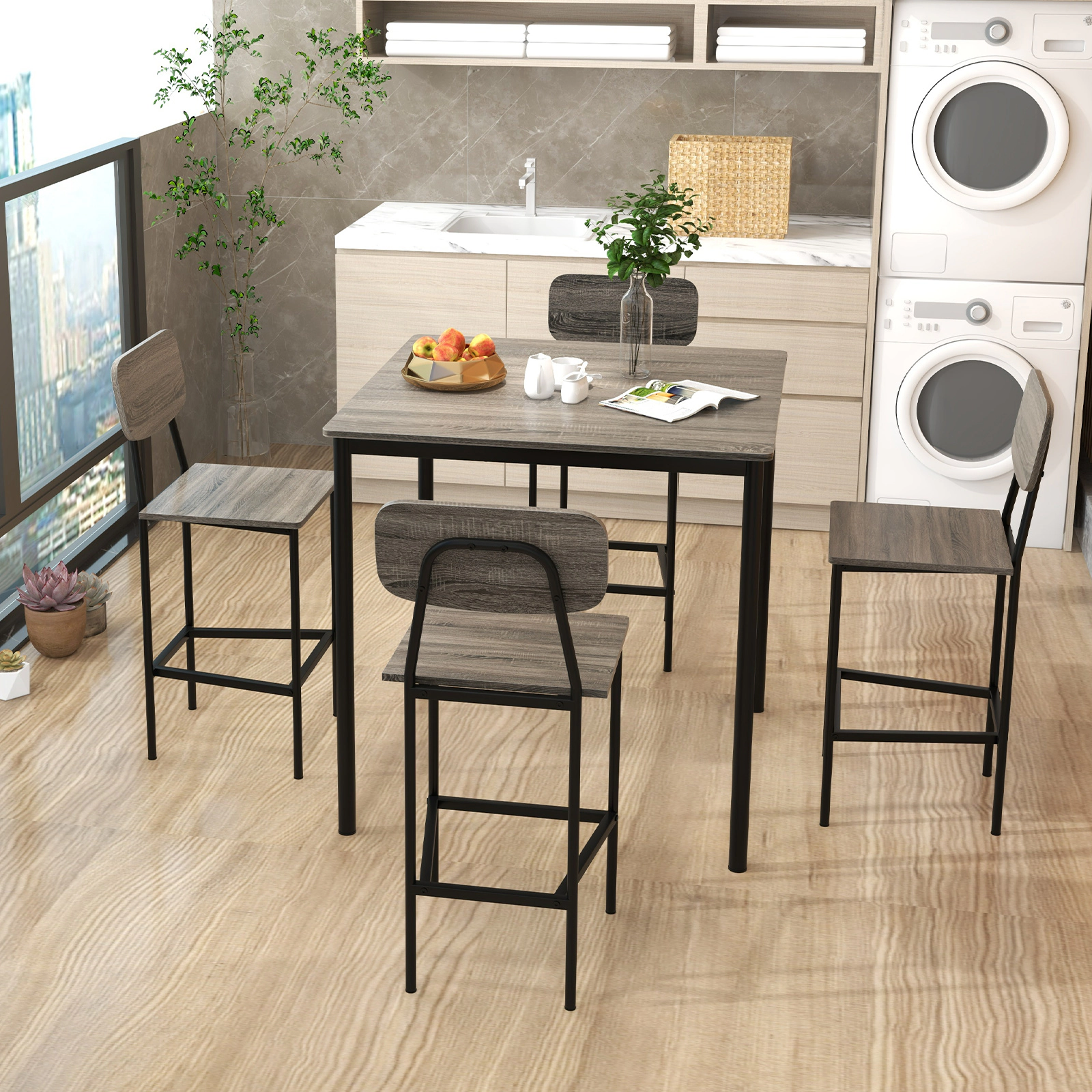SUGIFT Gray 4 Backless Stools 36-in Square 5-Piece Counter Height Bar Table Set