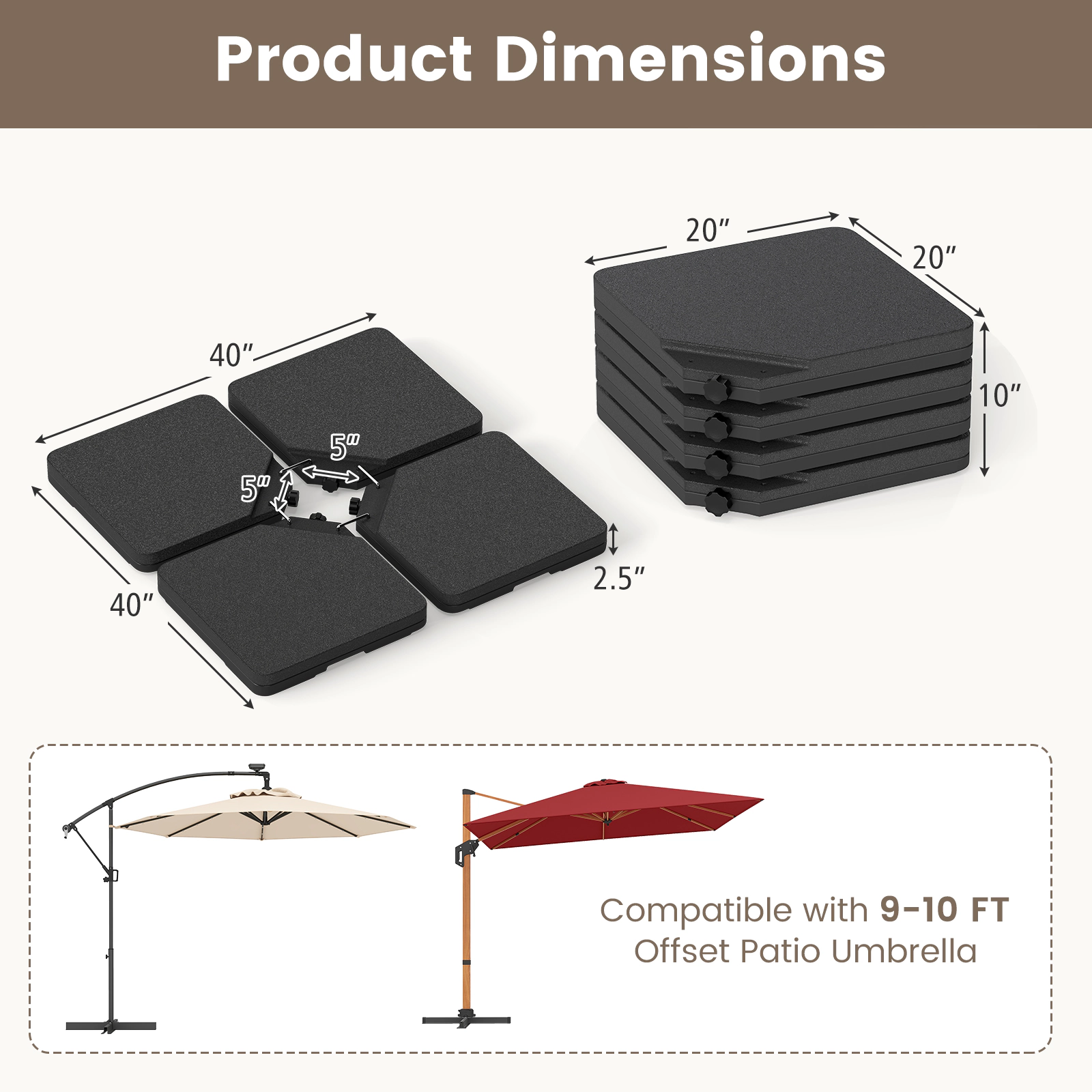 SlickBlue HDPE 4 Piece Umbrella Base Set with Locking Hooks for Cross Base Black