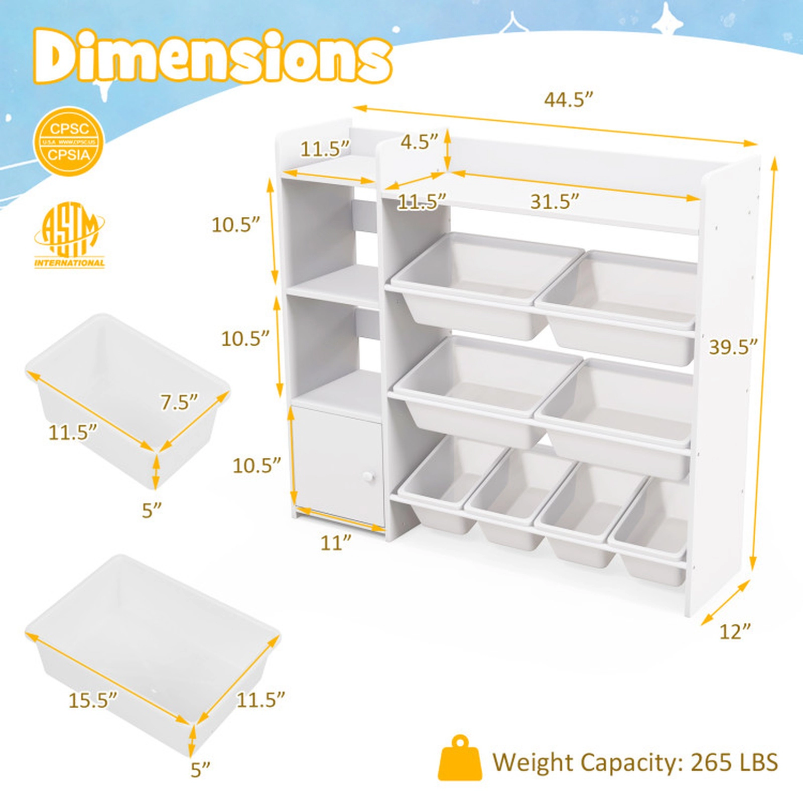 SUGIFT 4-Tier 265-lb Capacity Kids Toy Storage Organizer and Bookshelf with 8 Removable Bins and Door Cabinet