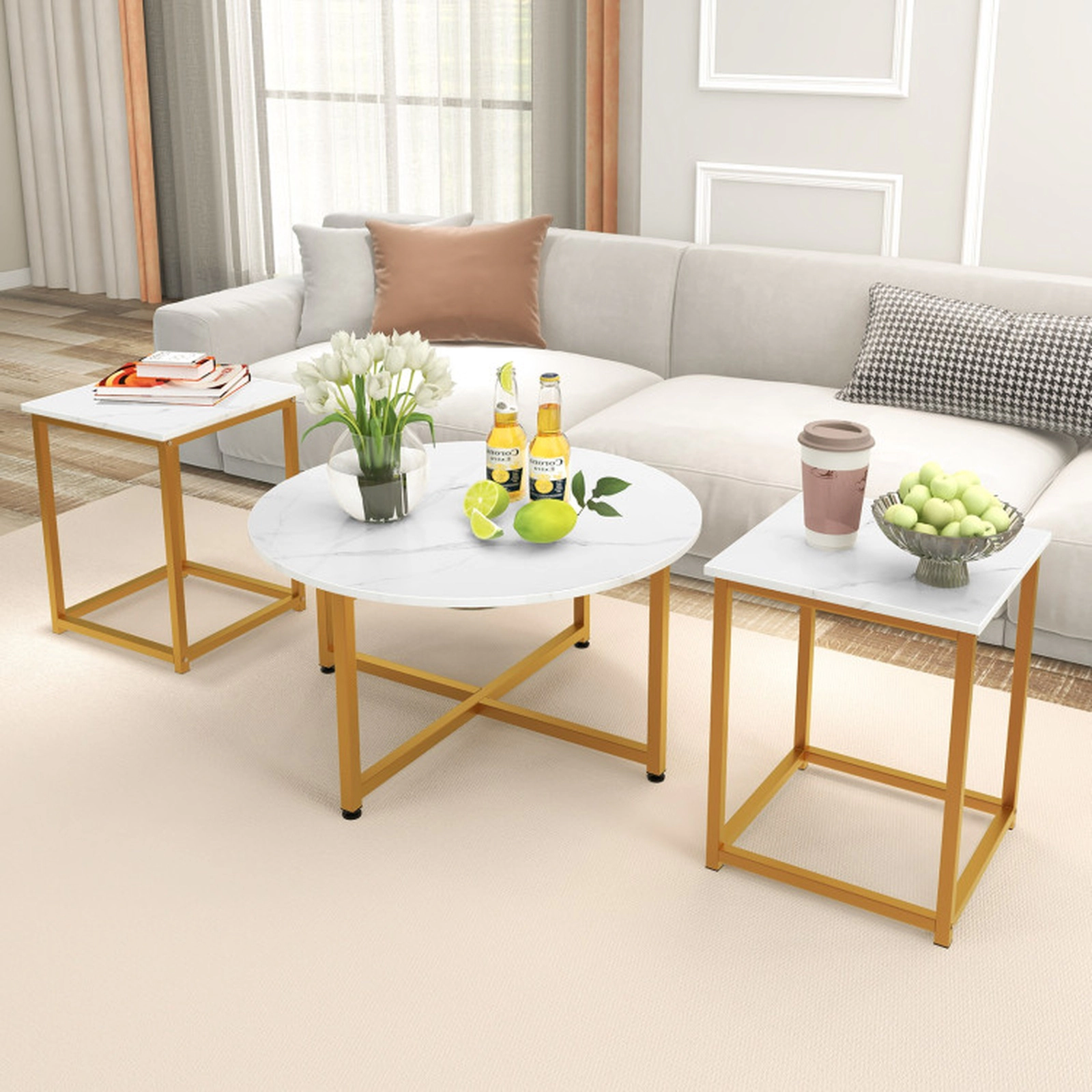 SUGIFT 3-Piece Coffee and End Table Set 220-lb Coffee Table Capacity 110-lb End Table Capacity White and Gold
