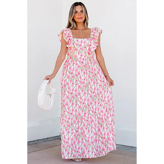 Threaded Pear Women's Angelica Floral Ruffled Strap Maxi Dress
