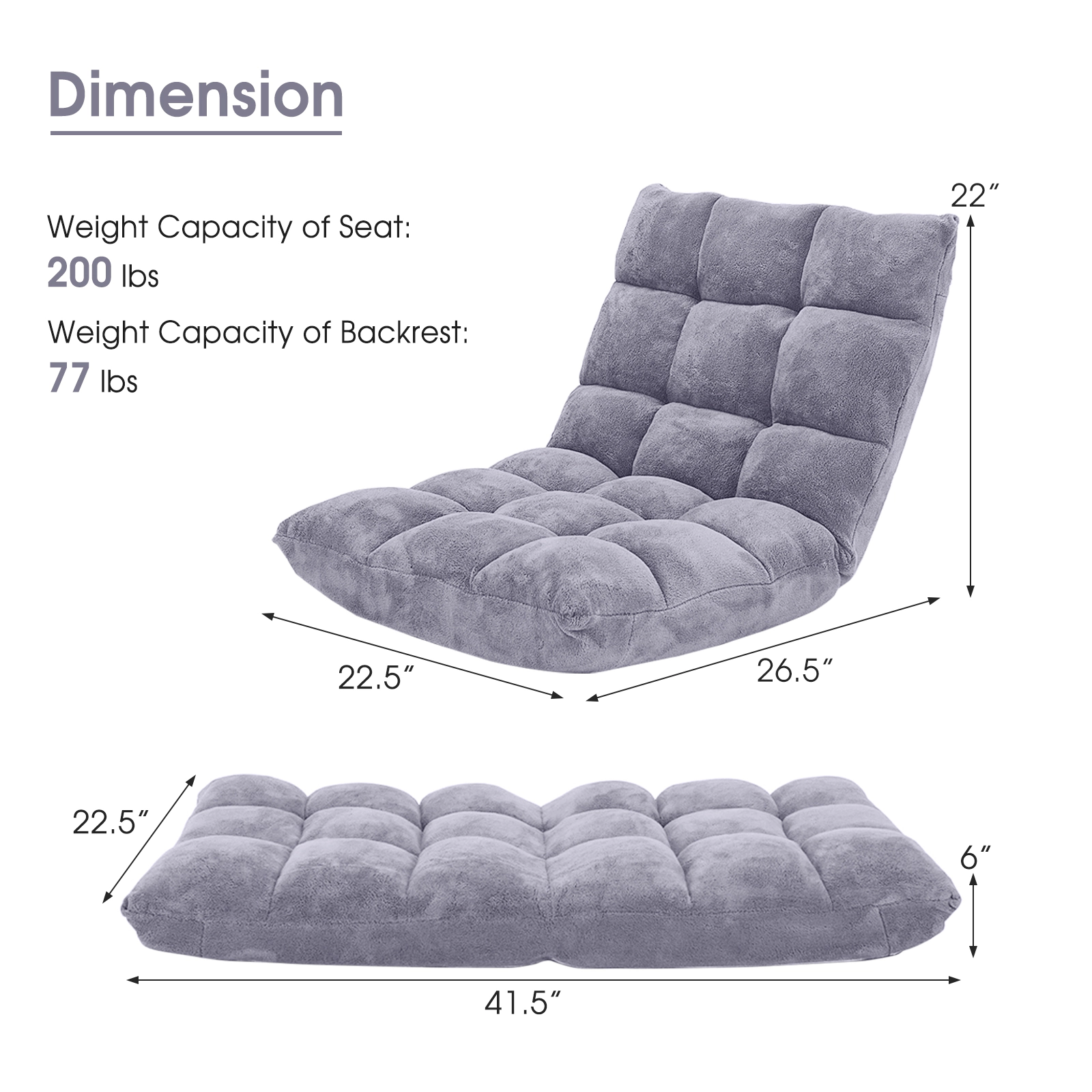 SUGIFT Adjustable 14-Position Cushioned Floor Chair 200-lb Seat Capacity 77-lb Backrest Capacity Gray