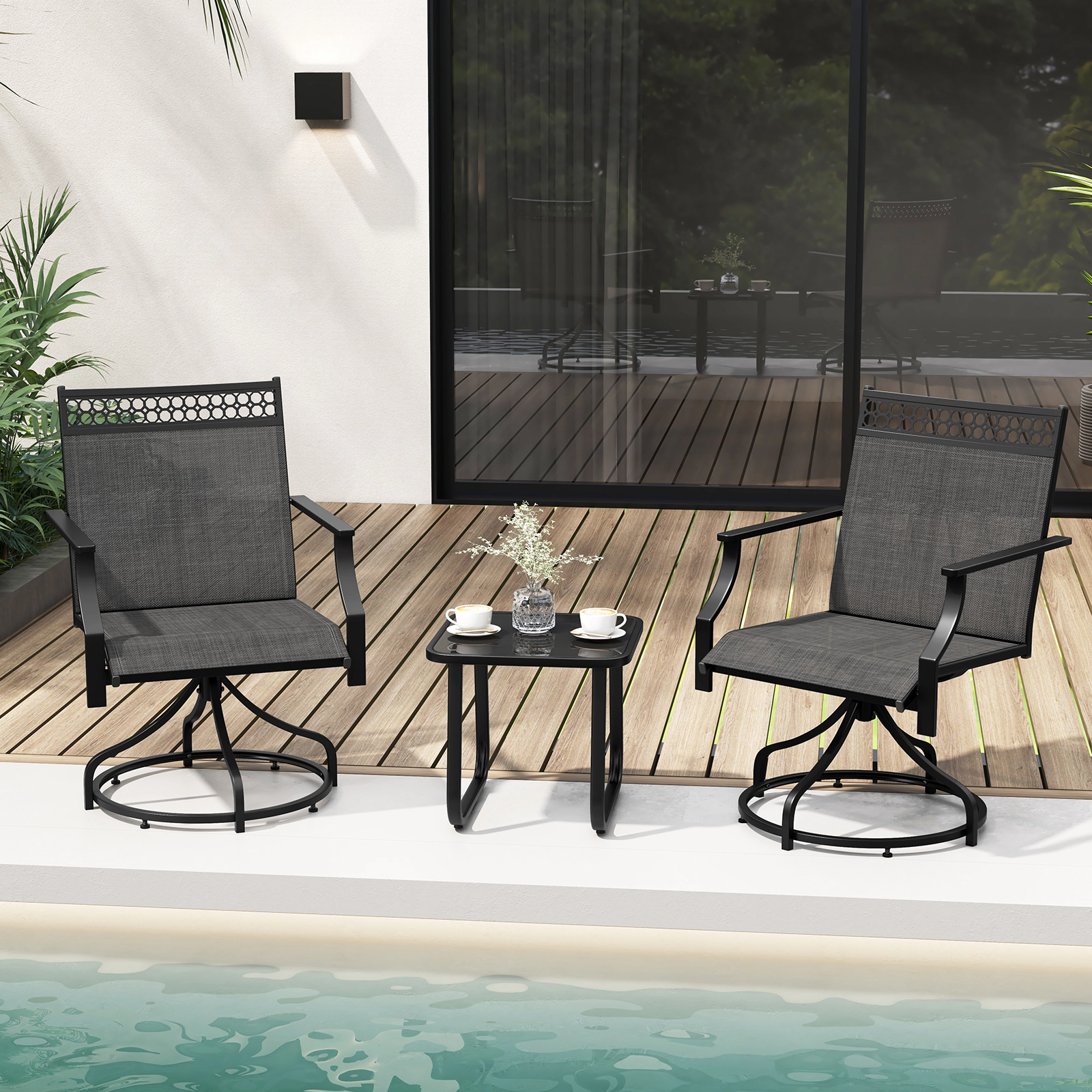 SUGIFT Gray Swivel Heavy Duty Metal Frame and Armrests Set of 2 Patio Dining Chairs