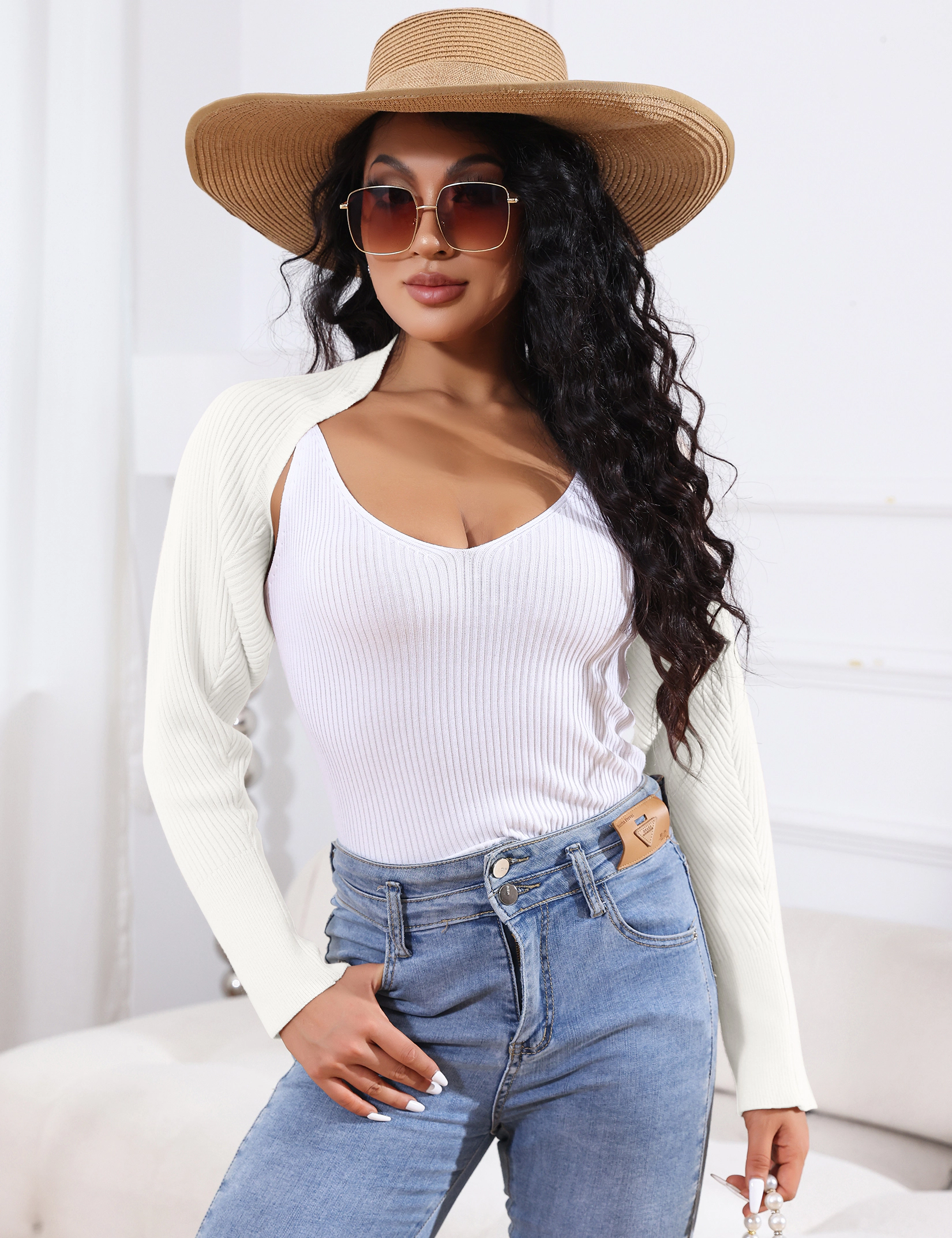 KOJOOIN Knit Bolero for Women Shoulder Shrug Open Front Sweater Loose Fit Knitted Crop Cardigan