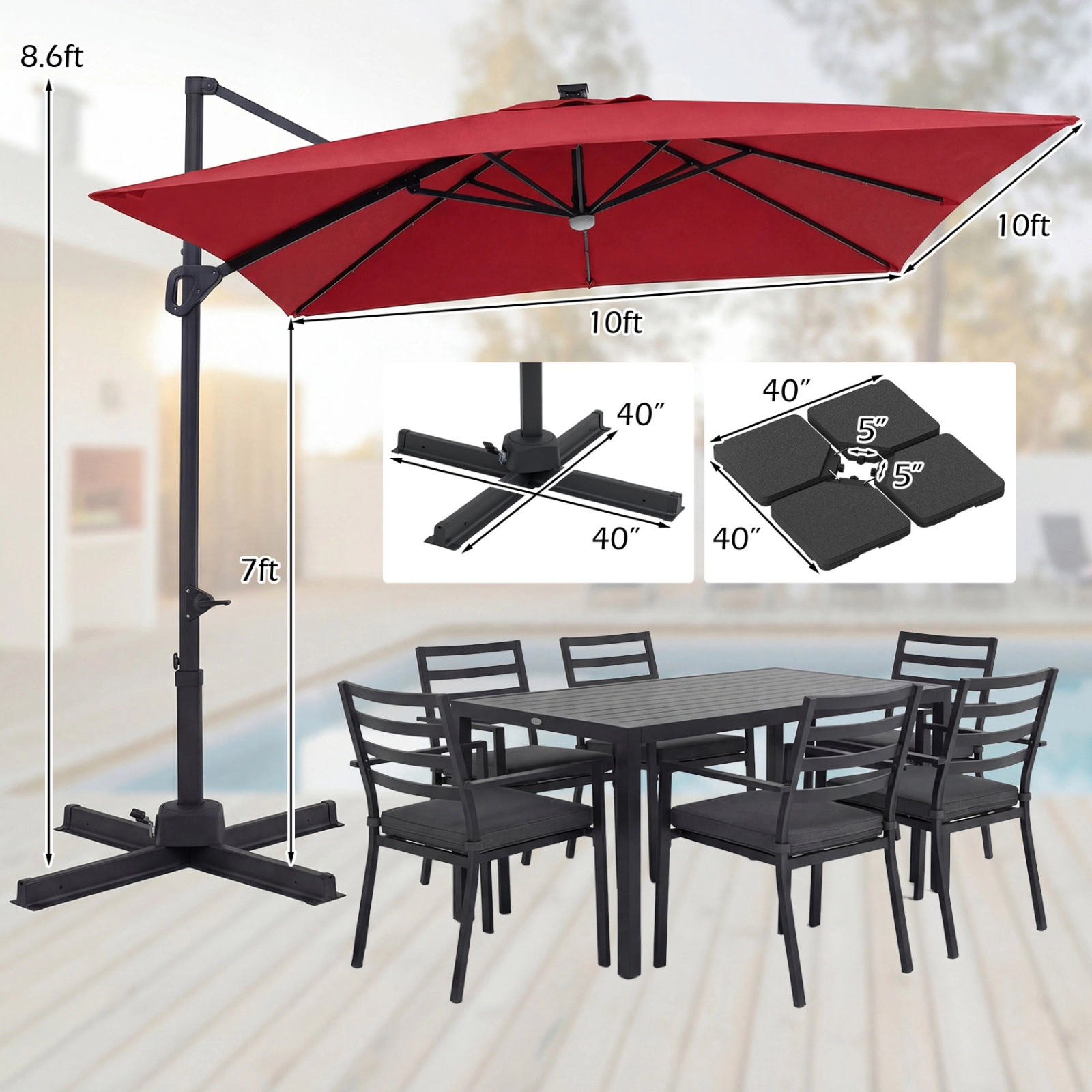 SUGIFT 10-ft Wine Solar Offset Patio Umbrella with 220-lb Fillable Base Crank Lift and Storage Strap