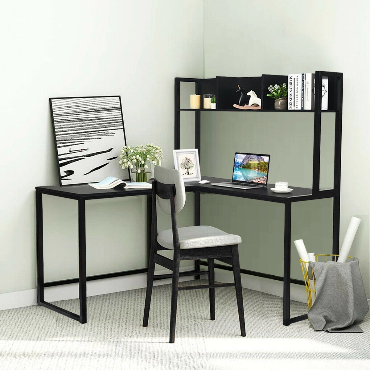 SUGIFT Reversible L-Shaped Corner Desk with Storage Bookshelf and Hutch 220-Lb Capacity Brown/Black/Walnut/Dark Brown