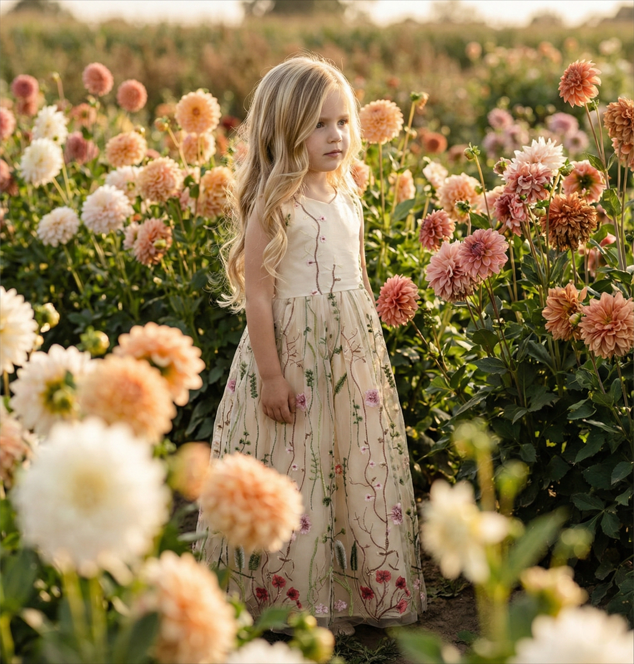 2Bunnies Girls' 2T-10Y Garden Wildflower Floral Embroidered Tulle Satin Girl Dress
