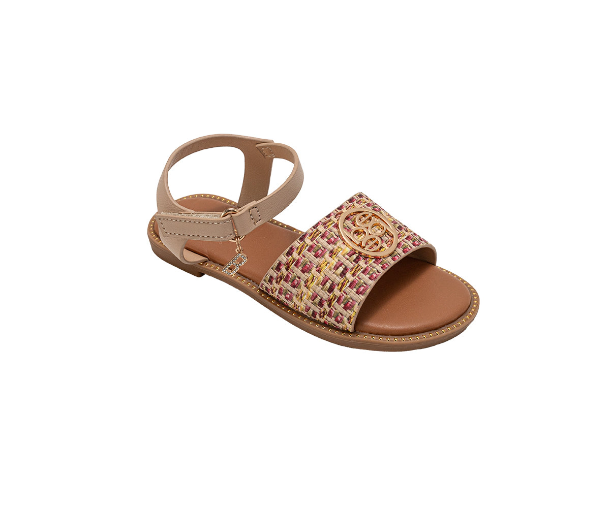 bebe Girl's Fashion Sandals - Dressy Shoes with Raffia Upper and Logo Medallion Accent