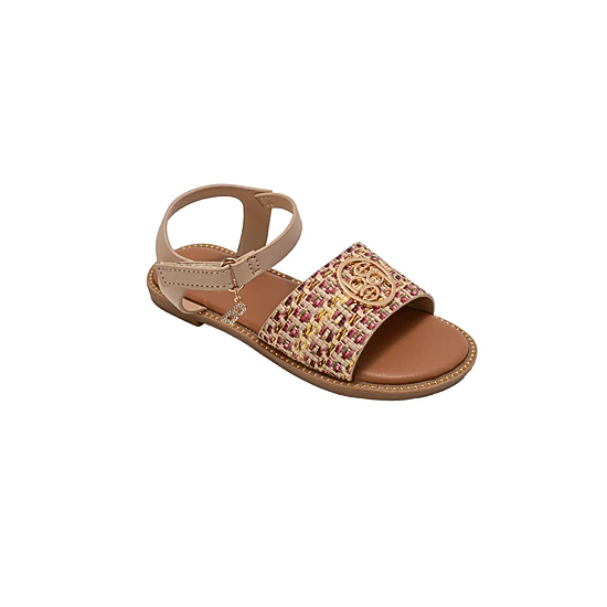 bebe Girl's Fashion Sandals - Dressy Shoes with Raffia Upper and Logo Medallion Accent