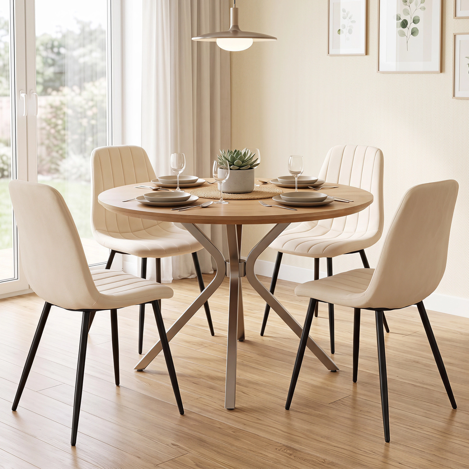LJG Upholstered Fabric Dining Chairs Set of 4 with Sturdy Metal Legs and Curved Backrest