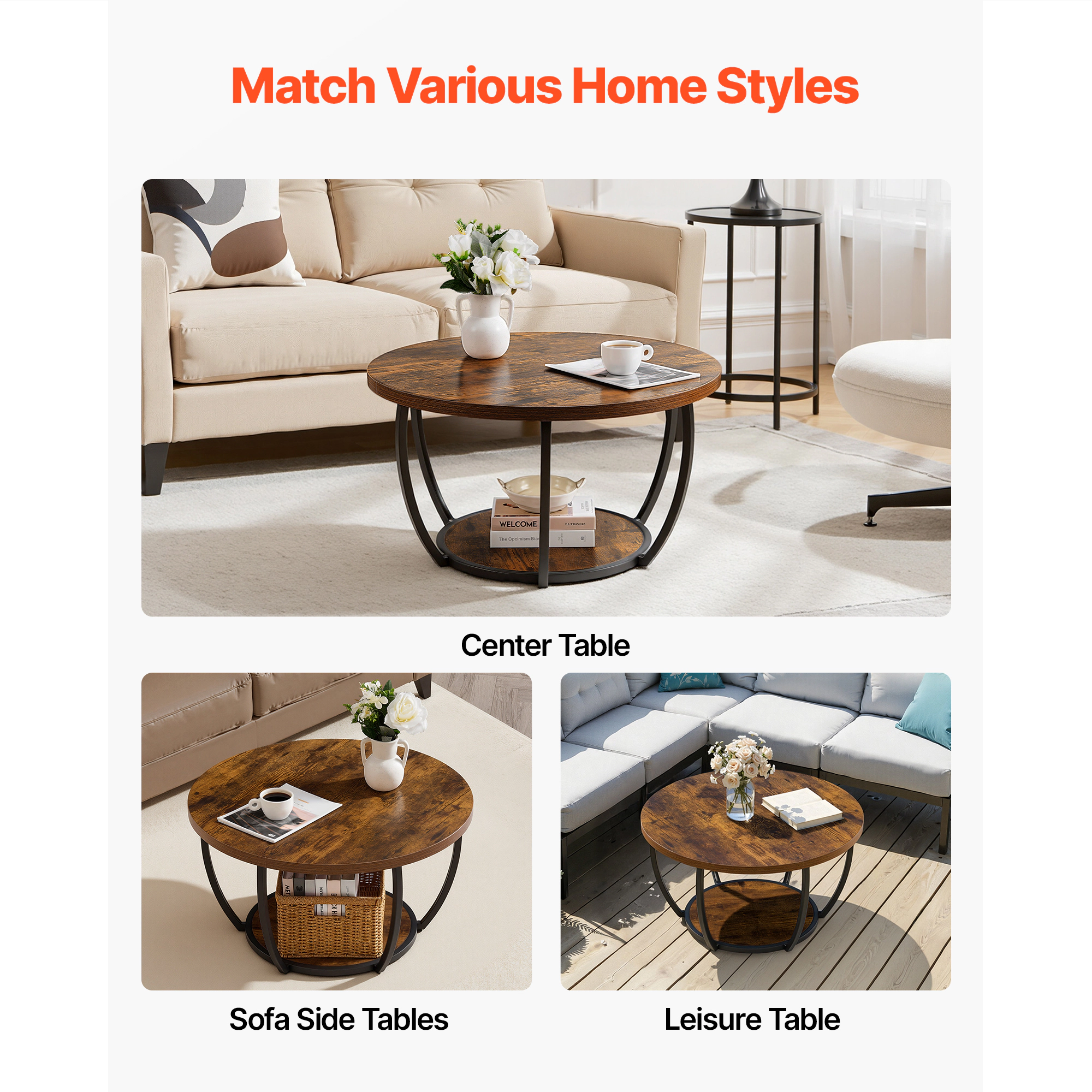 HONGGE Coffee Table Modern Round Coffee Table 2 Tiers Wooden Circle Center Desk with Open Storage Minimalist Sturdy