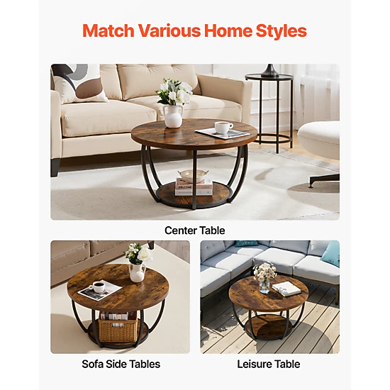 HONGGE Coffee Table Modern Round Coffee Table 2 Tiers Wooden Circle Center Desk with Open Storage Minimalist Sturdy