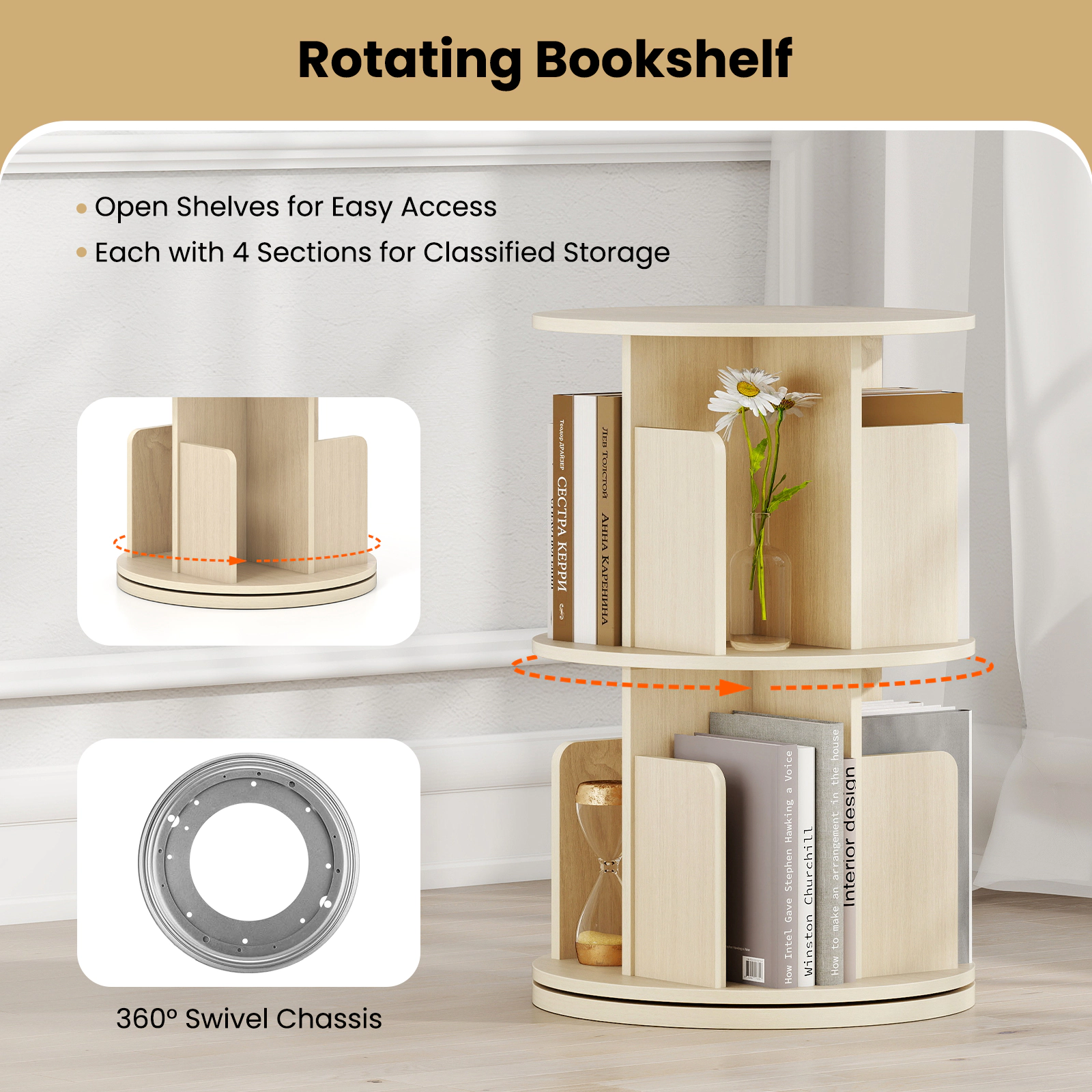 SUGIFT Natural 2-Tier Rotating Bookshelf with Dividers and Anti-Falling Baffles