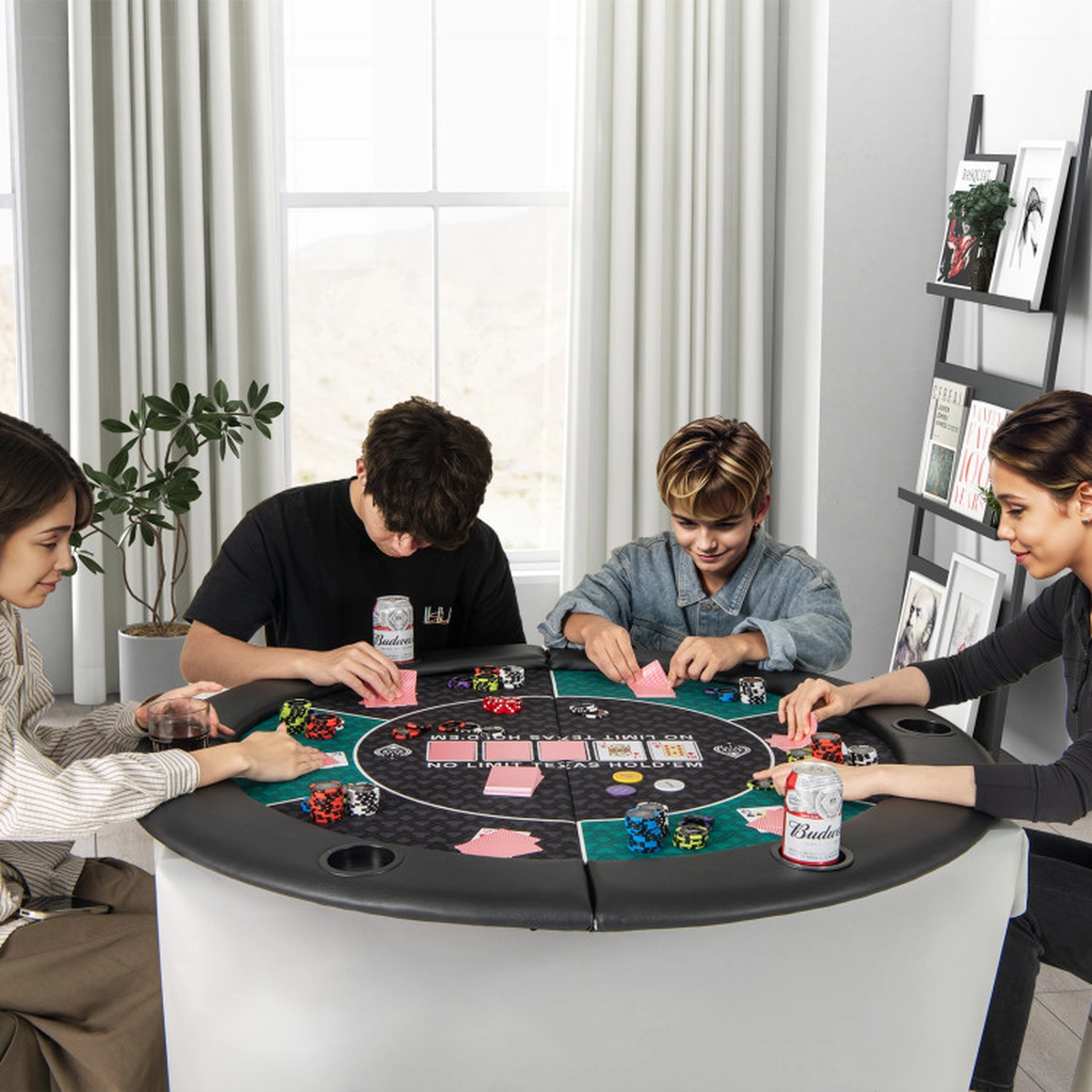 SUGIFT Portable 48-in Round 6-Player Poker Table Top with 10 Cup Holders Cushioned Armrests and Carrying Bag Green