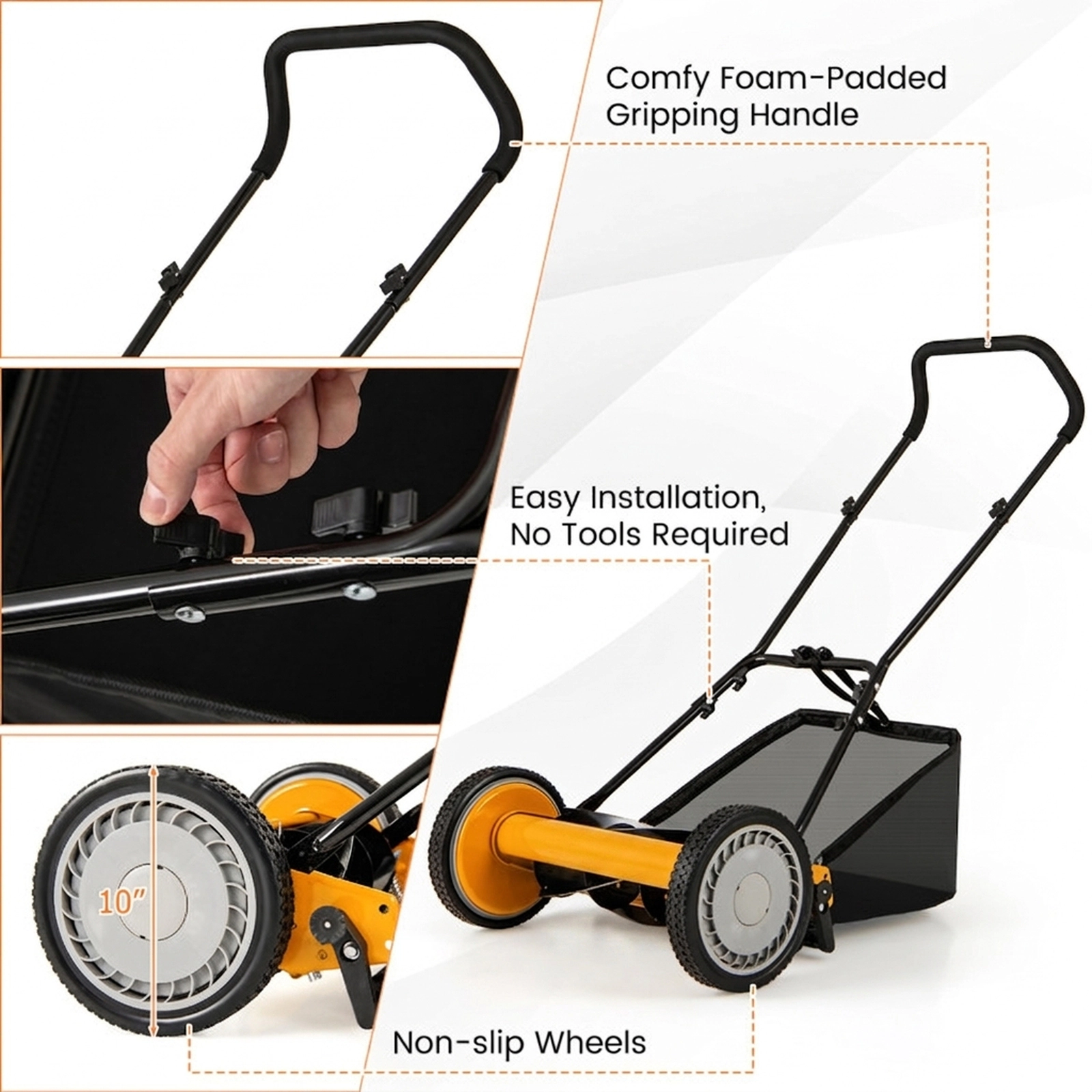 SUGIFT 16-in Cutting Width Manual Push Lawn Mower with 5 Steel Blades and Grass Catcher Bag Orange