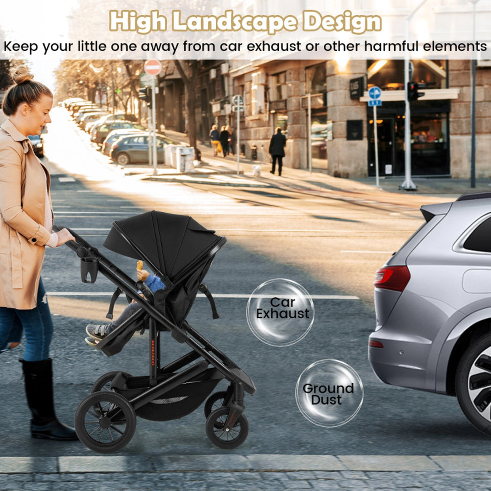 SUGIFT Baby Black 3-in-1 Folding Stroller with Detachable Bassinet and 4-Level Canopy 38-in W 48-lb Seat Capacity