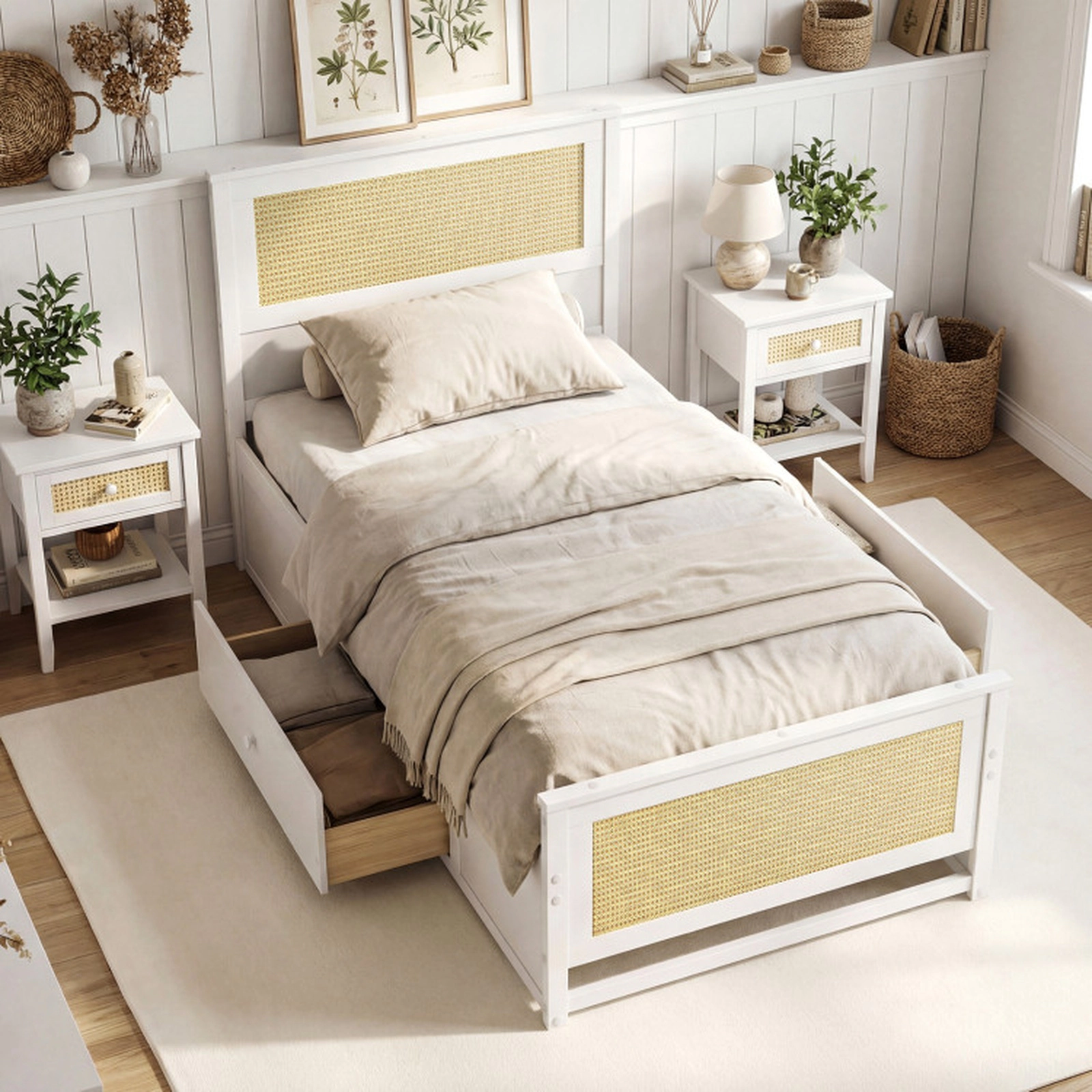SUGIFT Twin Size Rattan Bed Frame with 2 Storage Drawers 350-lb Bed Capacity 50-lb Drawer Capacity 79-in Frame White