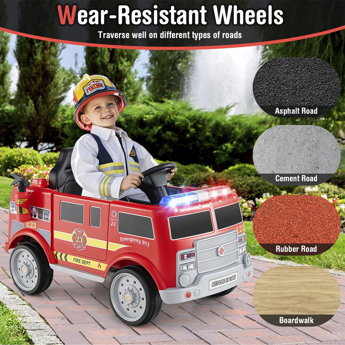 SUGIFT Kids Ride On Fire Truck with Remote Control and Extinguisher 66-lb Capacity Ages 3-8 Years 37-in Body Red