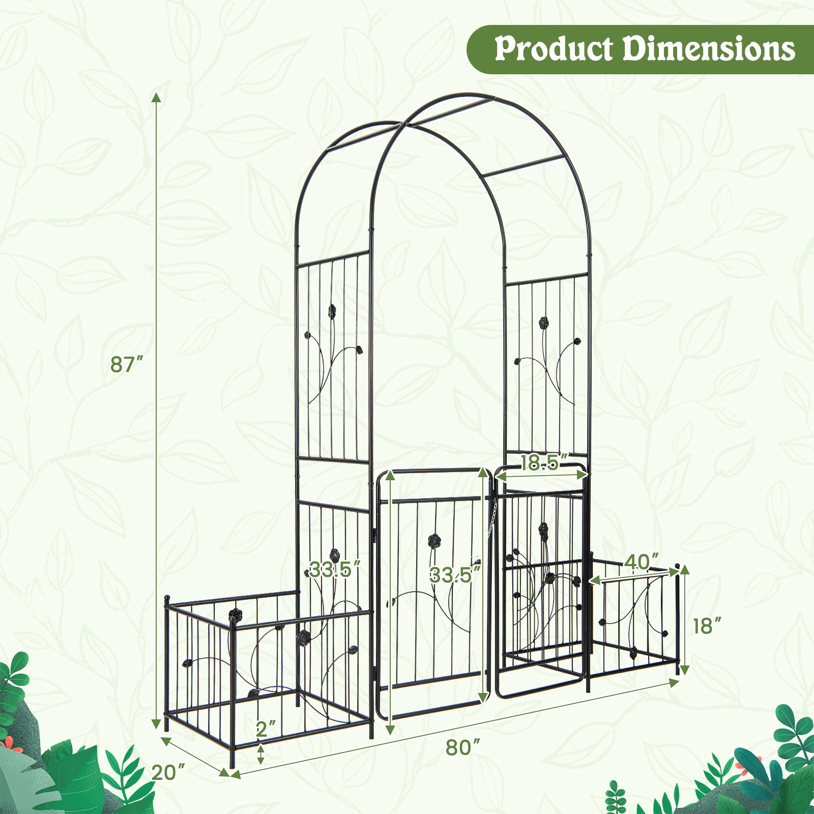 SUGIFT Arched Metal Garden Arbor with Lockable Gate and 2 Side Planters 87-in Tall 28-lb Net Weight Black