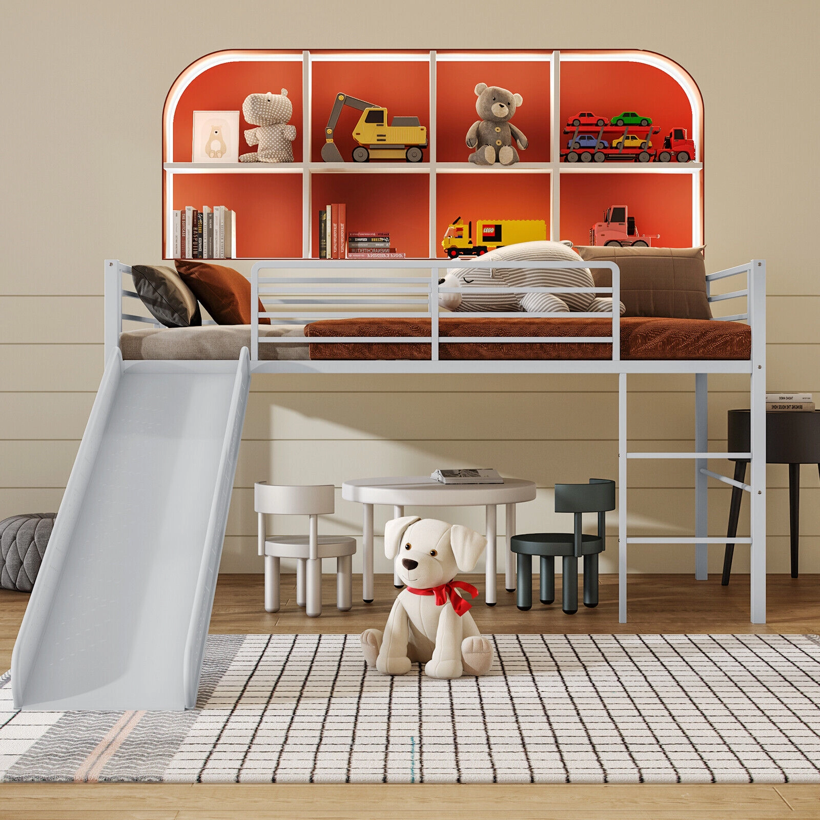 SUGIFT Silver 61-in Slide Safety Guardrails and Built-in Ladder Twin Kids Metal Loft Bed