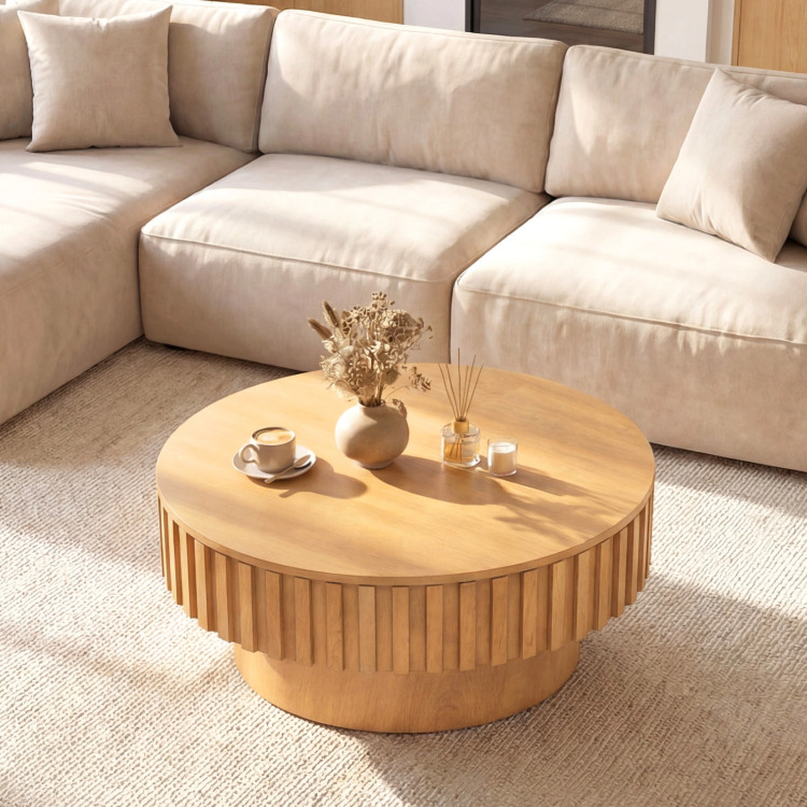 SUGIFT 31-in Round 265-lb Capacity Natural Wooden Drum Coffee Table with Hidden Storage Compartment