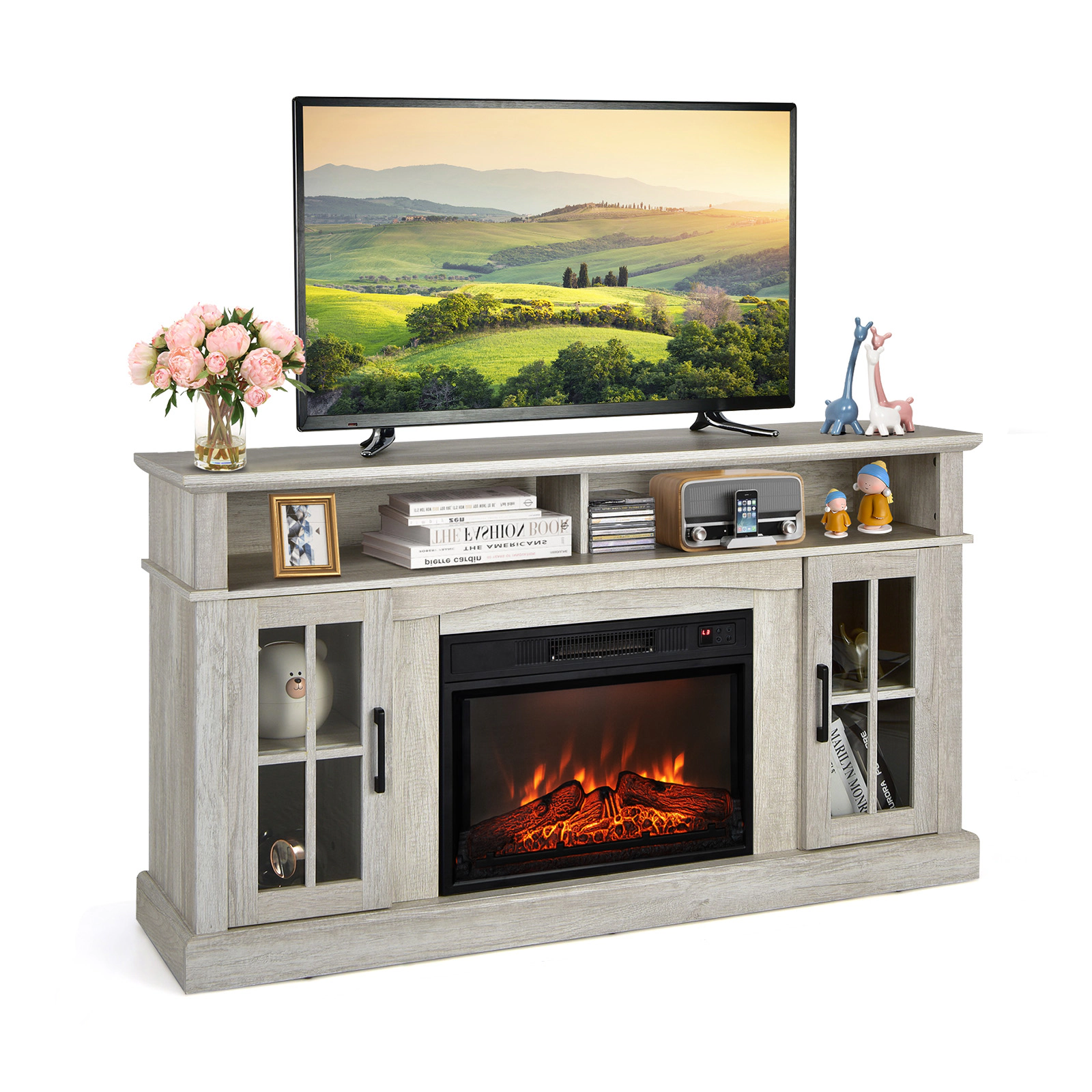 SUGIFT Gray Fireplace TV Stand for TVs up to 65 in with 5000 BTU Heater and Side Cabinets