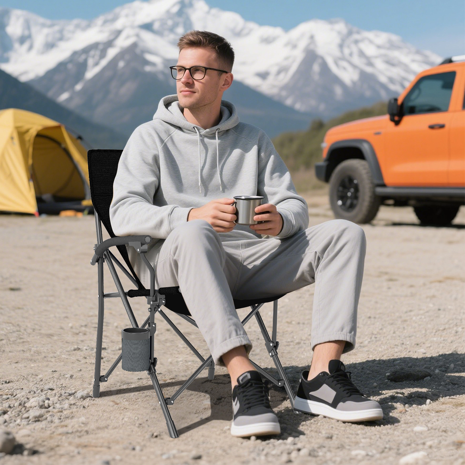 LJG Portable Folding Oxford Cloth Camping Chair with Cup Holder and Side Pocket