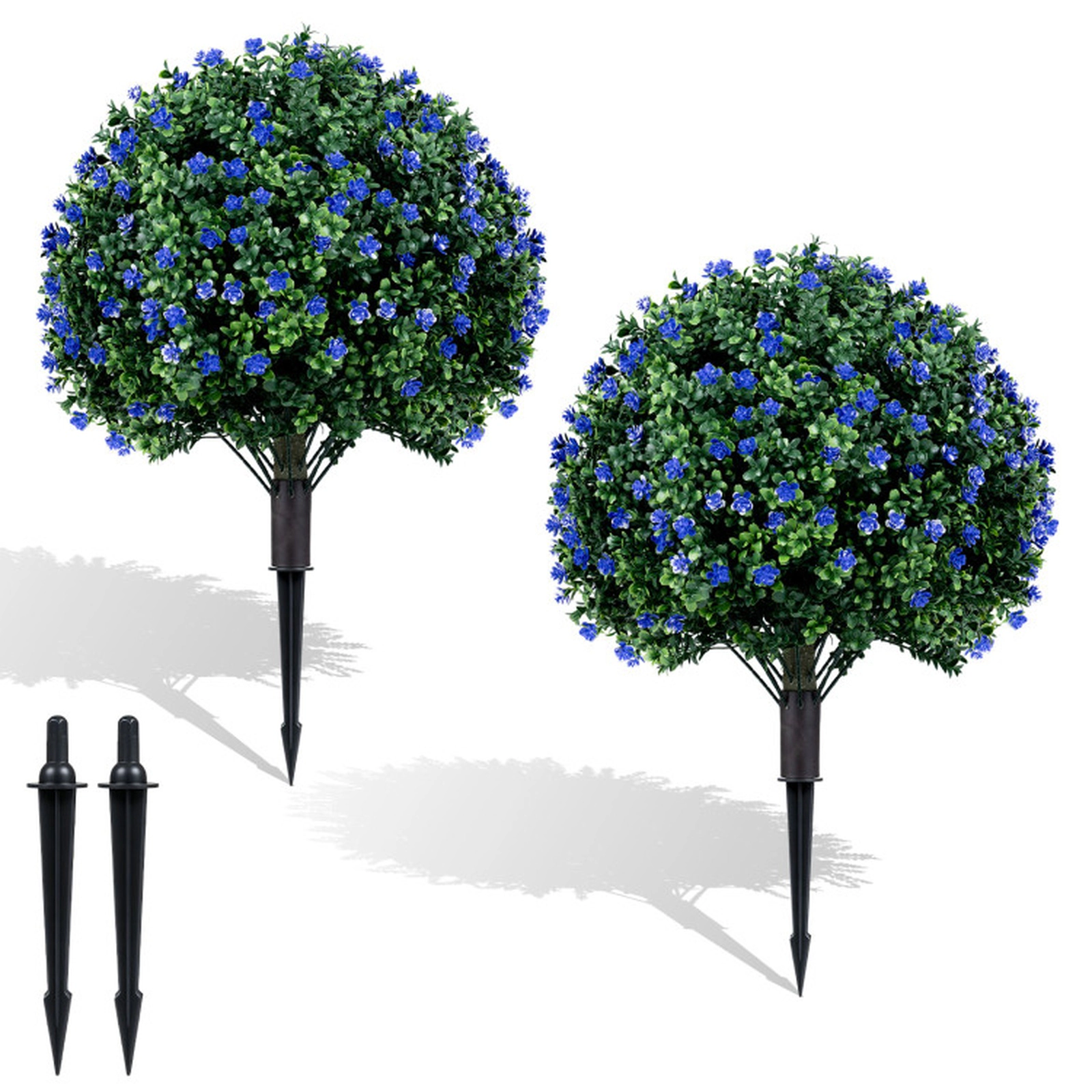 SUGIFT Set of 2 27.5-in Artificial Camellia Boxwood Topiary Ball Trees with Purple Flowers and 8-in Spikes